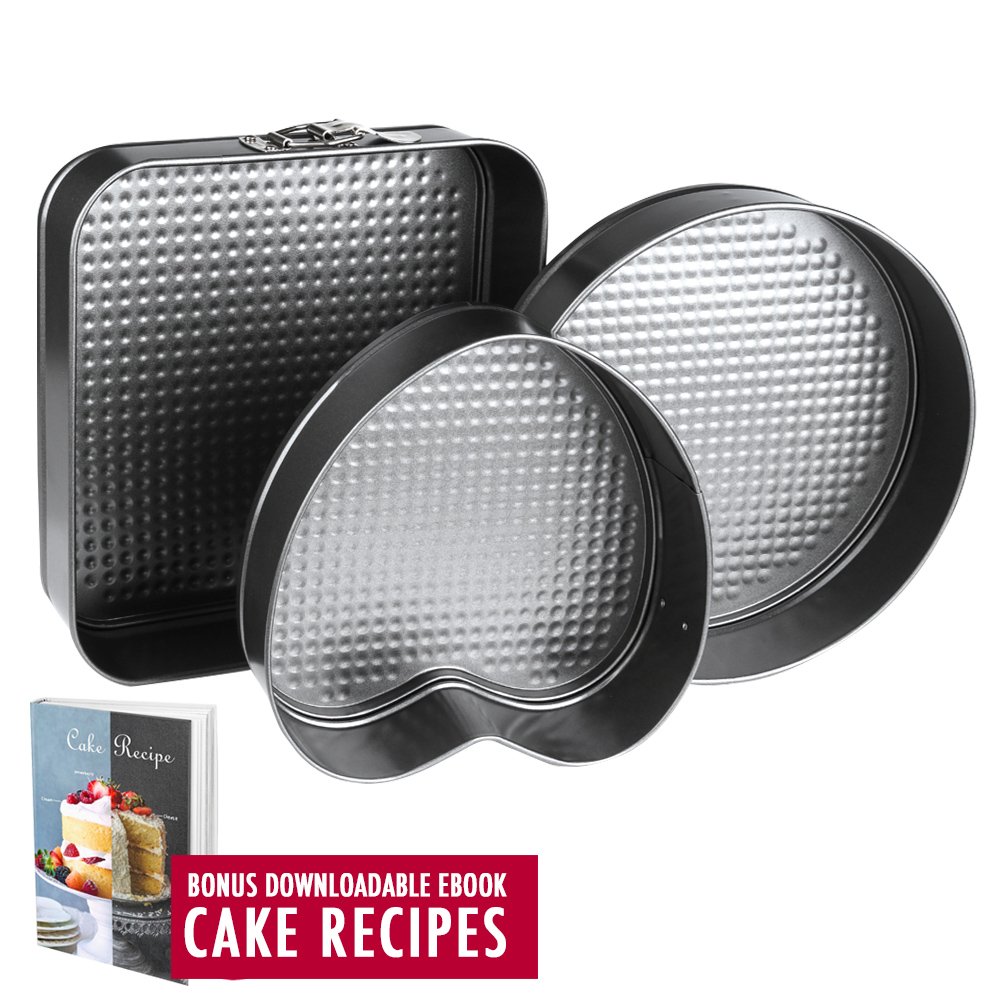 Springform Pan Baking Pans, Set of 3 Pcs Non-Stick Leakproof Cake Pans, Carbon Coated Steel Cheesecake Pan with Removable Bottom and Quick-Release with 10" Square 10" Round 9" Heart Shaped Cake Pan