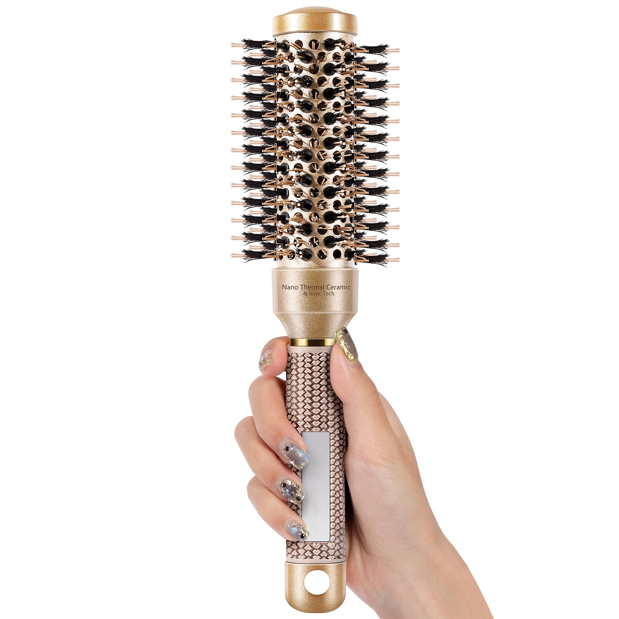 Cepillo de pelo redondo para soplar, cerámica nano térmica y tecnología iónica, barril de 1.3 pulgadas, cerdas de jabalí, cepillo de rodillo para secado y peinado, incluye 4 clips gratis, dorado