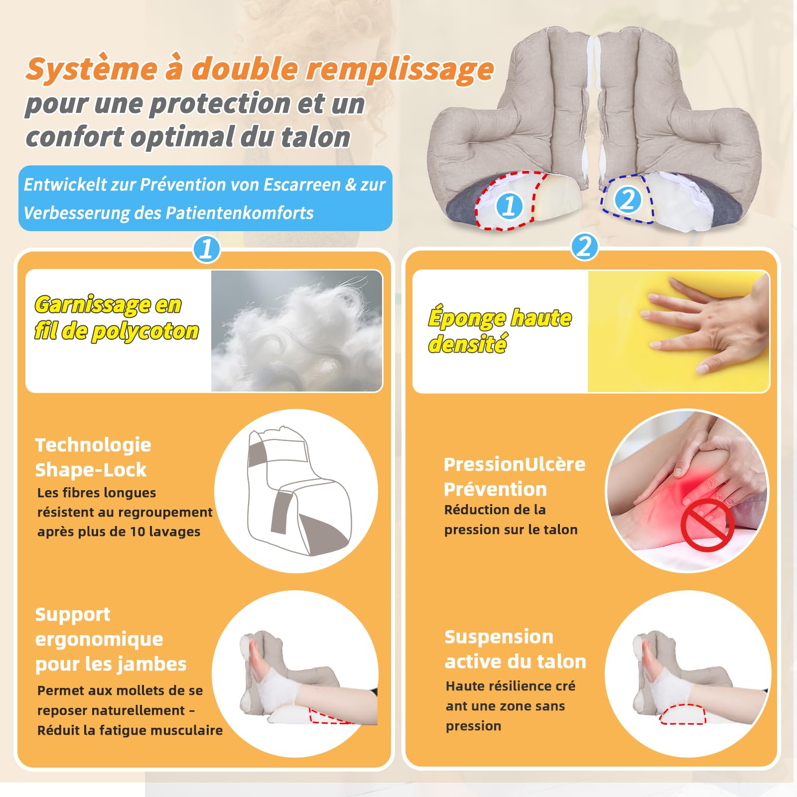 EZ Assistive Les protecteurs de talon pour soulager les escarres de pression et d'alitement, les oreillers pour pieds pour élévation de jambe et la circulation sanguine en cas d'enflure (khaki)