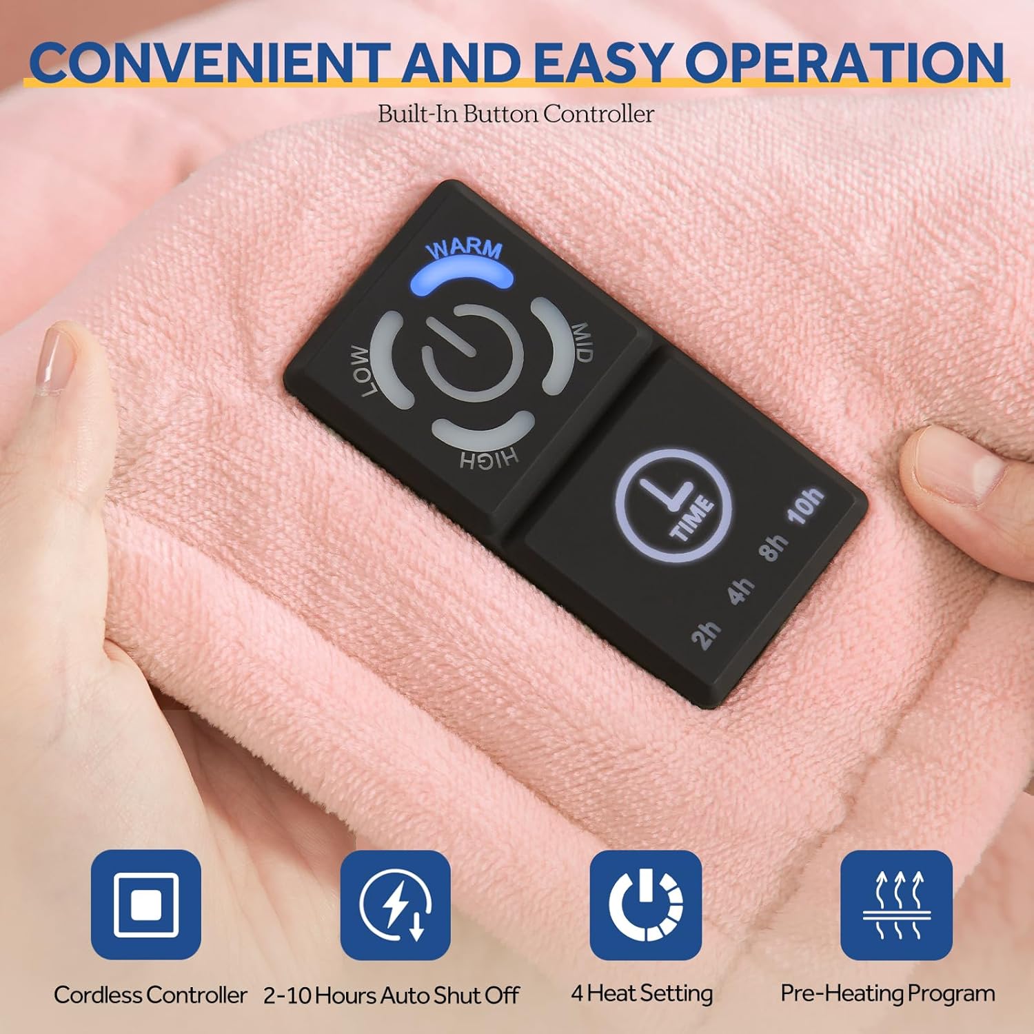 Sealy Heated Blanket Throw with Built-in Button Controller, Reversible Flannel to Sherpa Electric Blanket with 2-10 Hours Auto-Off & 4 Heating Levels, Over-Heat Protection, 50x60 inch, Pink