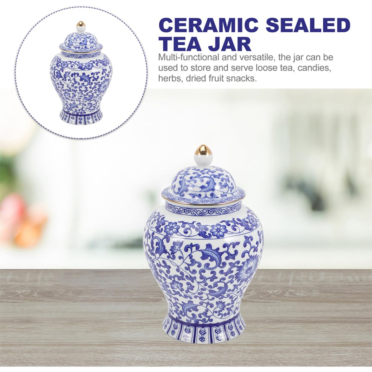 Tarro de Cerámica Azul 44 Oz para Almacenamiento de Té Suelto y Dulces Tapa, Adecuado para Uso en Cocina y Espacio de Trabajo