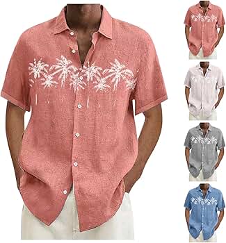 Men's Cuban Guayabera Shirt - Palm Tree Graphic Short Sleeve Button Down Summer Shirt