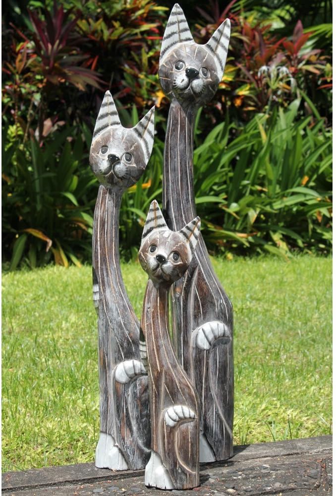 Fairtrade Set Of 3 Tall Grey Wooden Bending Cat Statues Amazon.ca Home