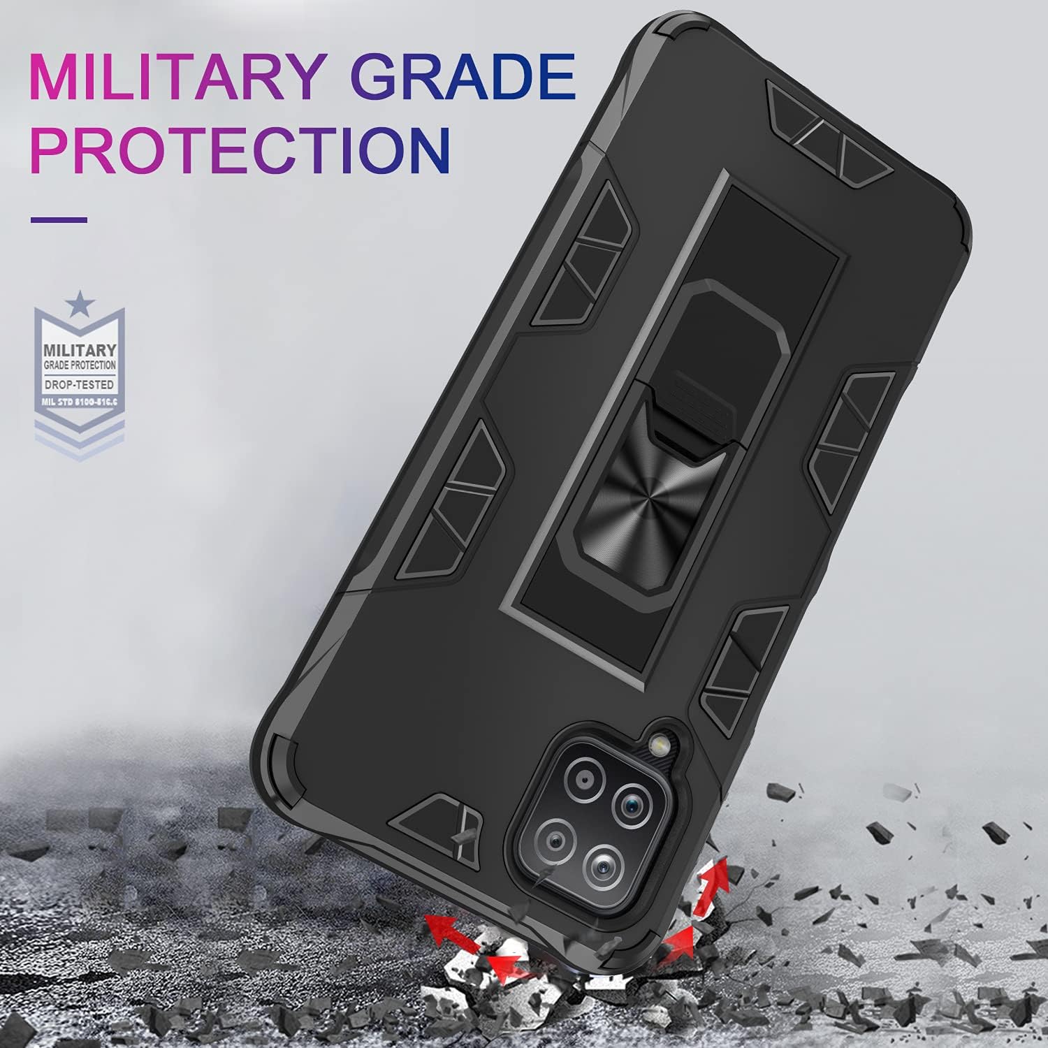 LeYi Galaxy A12 Phone Case, Galaxy A12 Case with 2 Tempered Glass Screen Protector for Women Men, Military-Grade Shockproof Built-in Kickstand Car Mount Protective Phone Case for A12 5G, Black