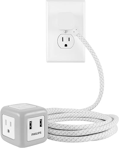 Miniatura 2 de Philips, Cubo de goma de 3 salidas, 2 USB, 2.4A, cable trenzado de 10 pies, SPS3102WB37 y 3 salidas 2 USB Protector de sobretensión, concentrador de