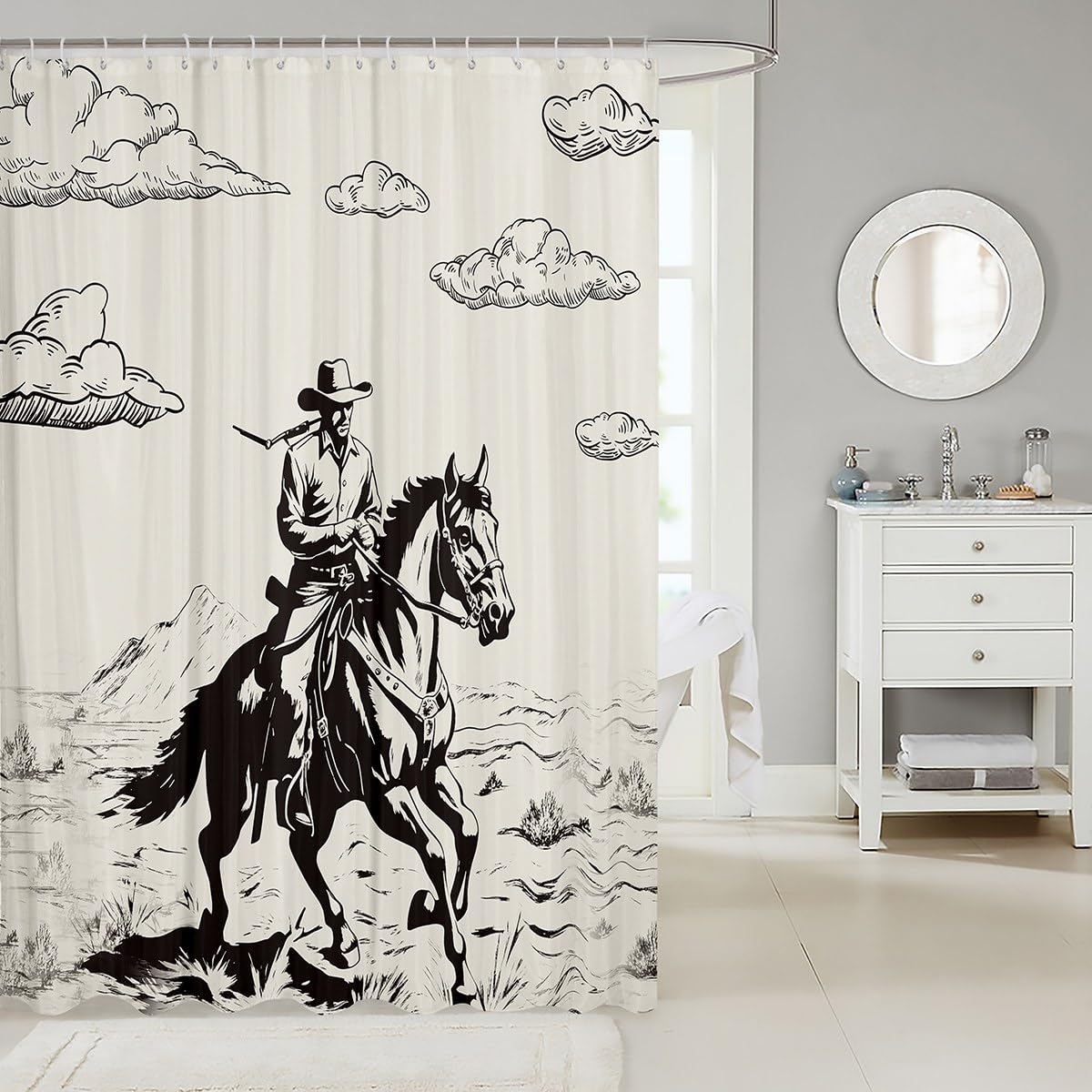 JAWO Western Duschvorhang – Kaktus & Cowboy-Motiv, Wasserdicht, 183x190 Cm Inkl. Haken