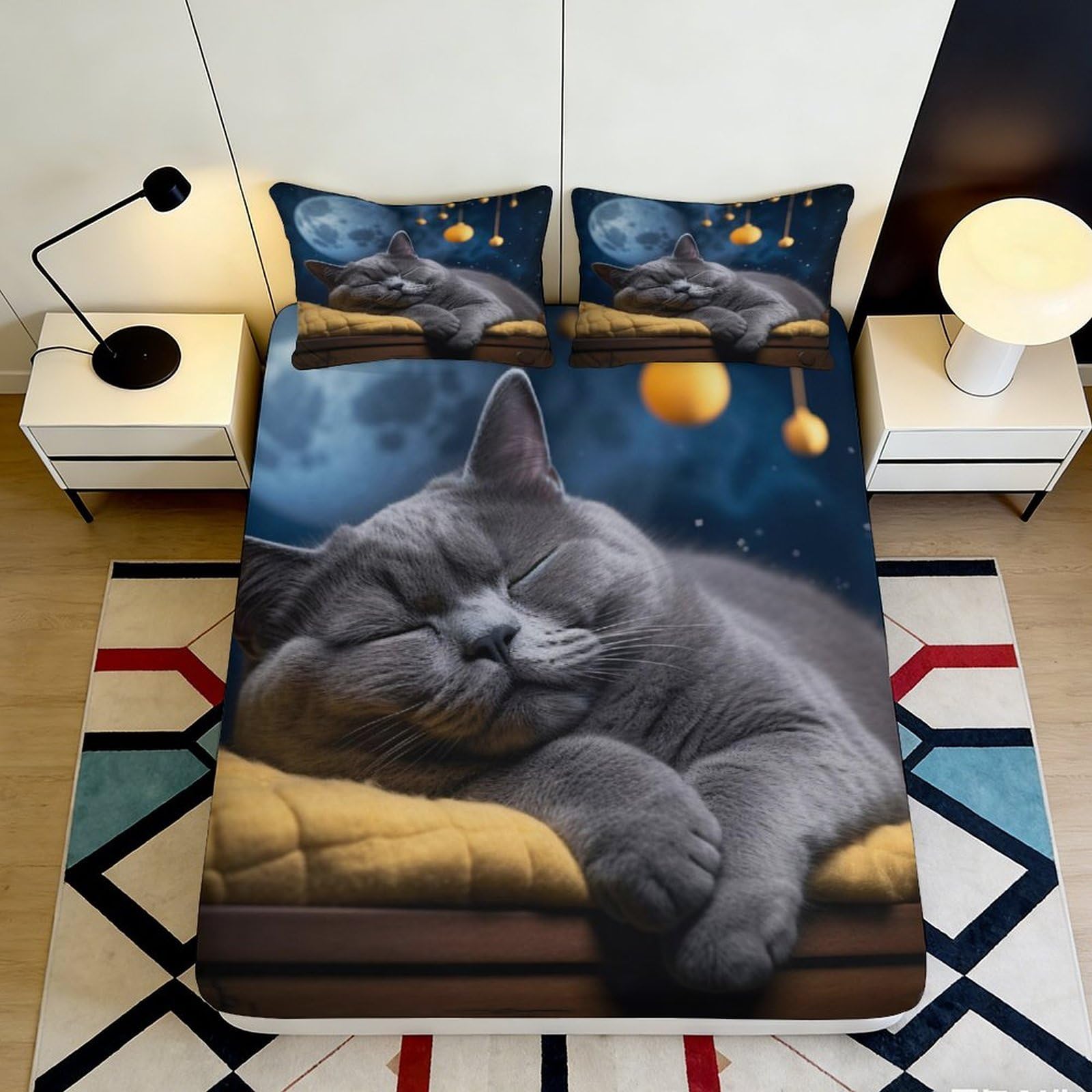 Jqzkxnhpbr Style-1 3D Printed Sleeping Grey Cat Fitted Sheet Microfiber Soft Breathable Night Moon Mattress Cover For Bedroom Dorm Decor 90X200x25cm