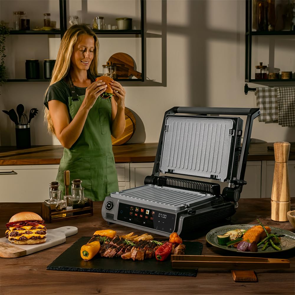 Cecotec Griglia elettrica con Grill Rock'nGrill 2000 Smash PerfectCook. 2000 W, Sonda Temp, Smash Burger, Smokeless, Dual Temp, Raccoglitori, piastre reversibili, superficie 30 x 21 cm, acciaio