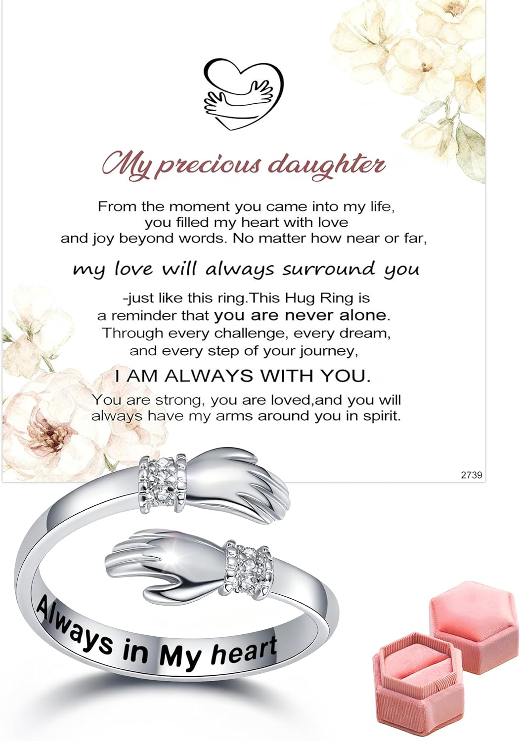 37JEWELRY Hug Ring for Daughter with Gift Box, Sterling Silver Rings in Adjustable size with Always in My Heart Message, Daughters Christmas Birthday Gifts from Mom Dad