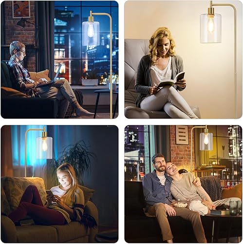 Miniatura 7 de Litake Lámpara de pie industrial, dorada, moderna lámpara de pie regulable con pantalla de vidrio transparente, lámpara alta dorada con control