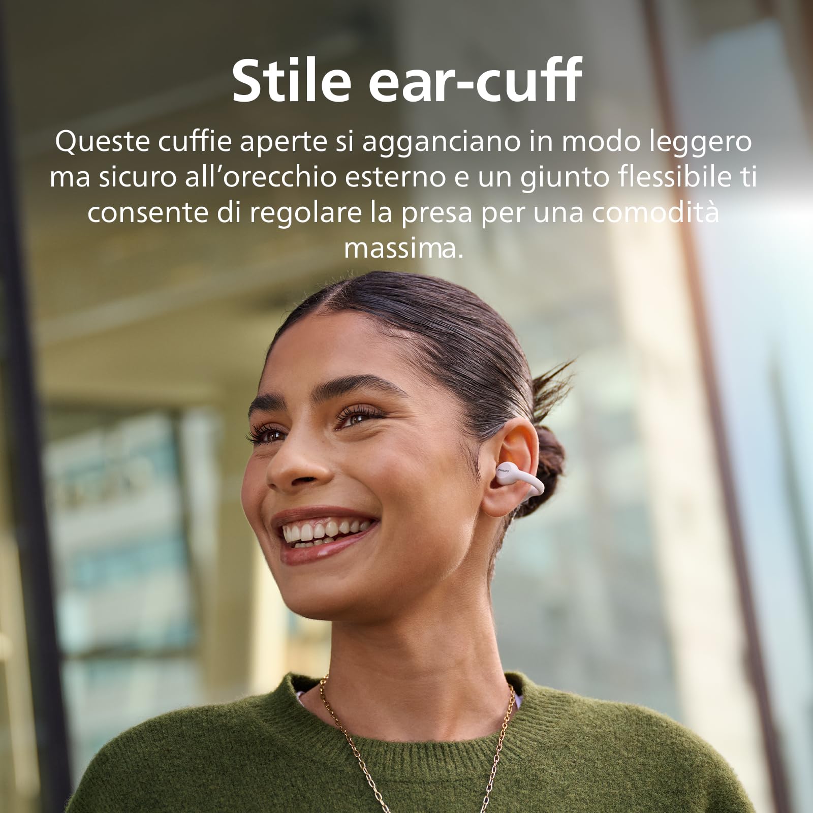 Philips TAQ2000WT auricolari ear-cuff True Wireless open-ear Multipoint Bluetooth - 28 ore di riproduzione, Ricarica tascabile, Chiamate chiare per spostamenti ed allenamento - Bianco