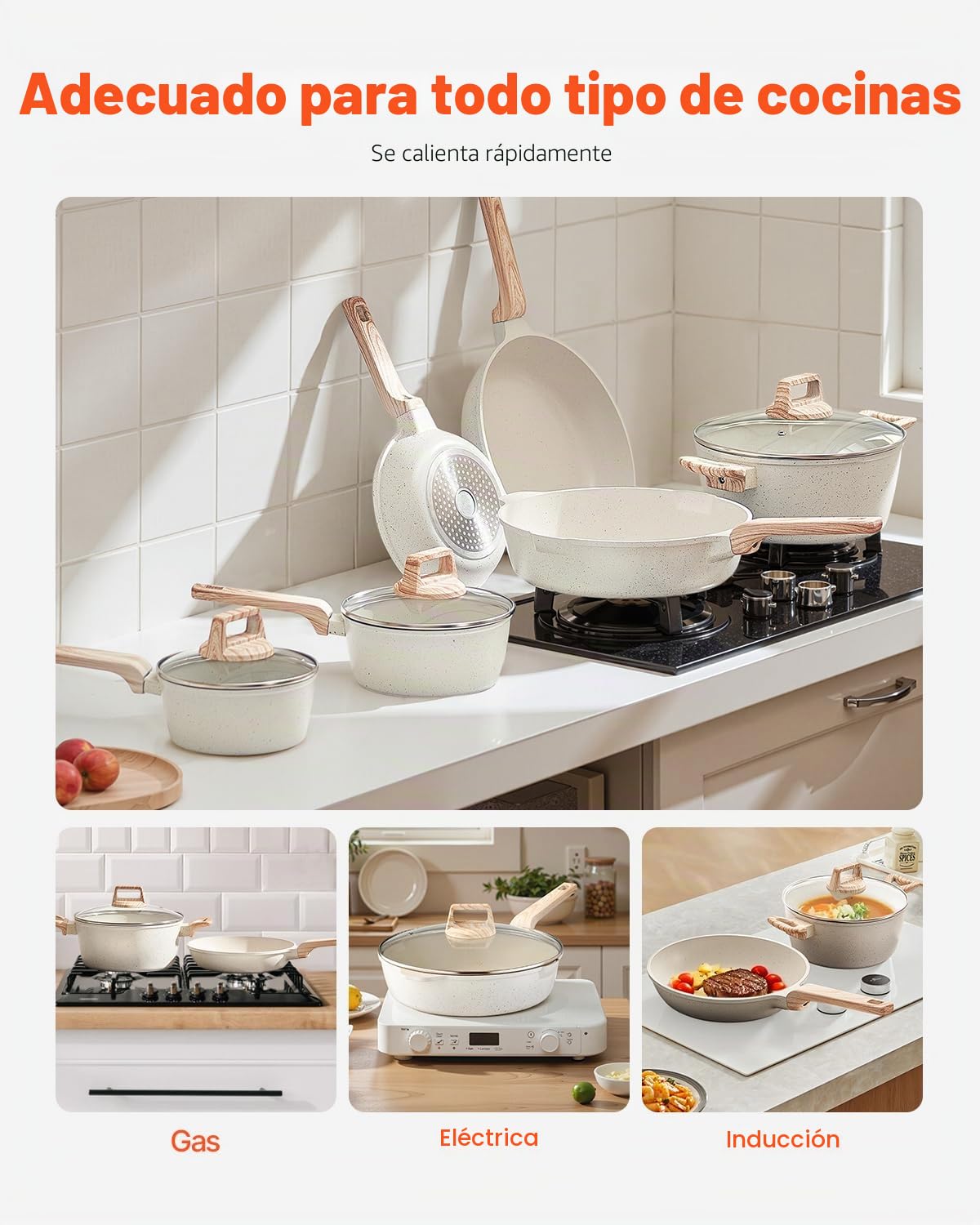 VEVOR Juego de Ollas y Sartenes de 17 Piezas, Antiadherentes de Granito, para Inducción, Apto para Cocina de Autocaravanas, con Tapas de Vidrio Templado y Protectores, Blanco