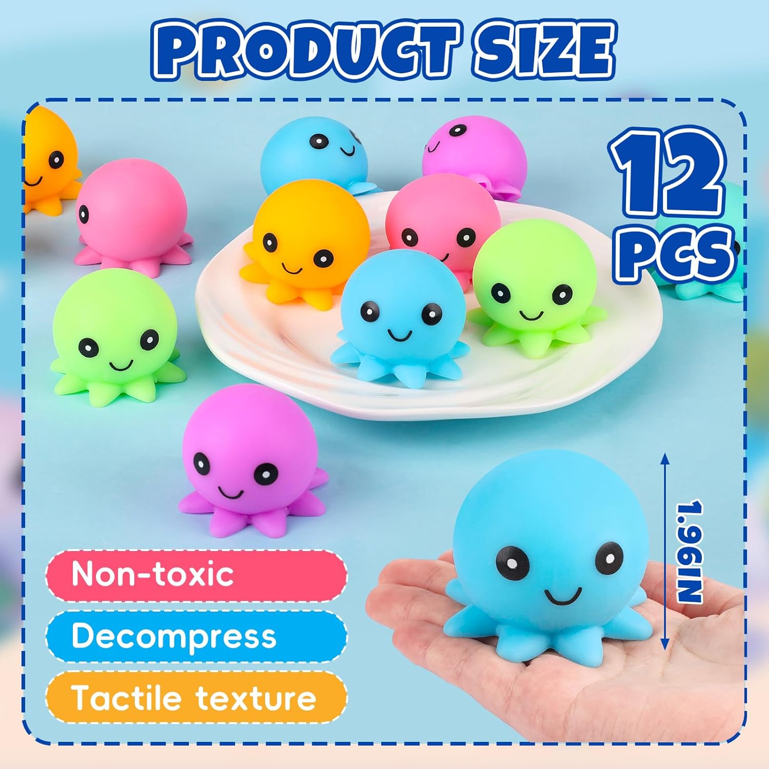 12 Pack Stress Balls for Adults, Cute Octopus Stress Relief Stress Ball, Fidget Toys Bulk Squishy Squeeze Ball Set and Birthday Party Favors Toys for Kids