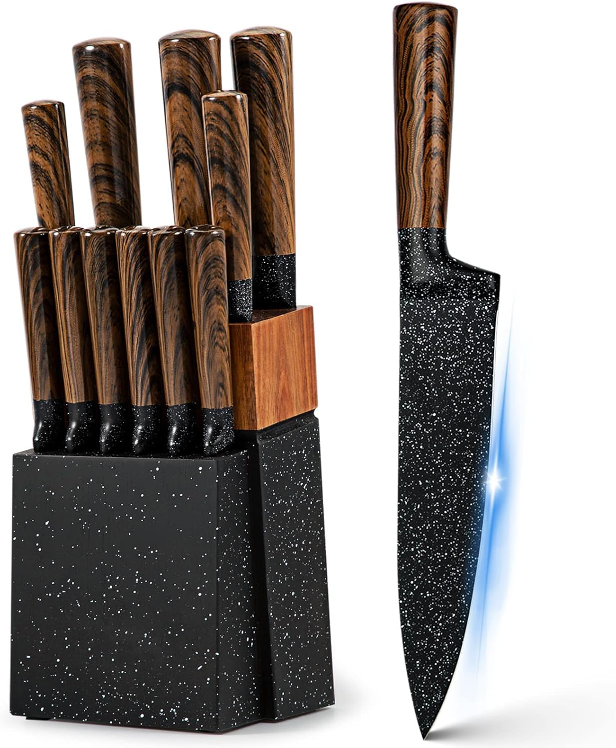 Royal Swiss - Juego de cuchillos (12 piezas, con bloque de madera y afilador integrado, cuchillos de cocina profesionales de acero inoxidable, mangas de madera, bloque de cuchillos de diseño