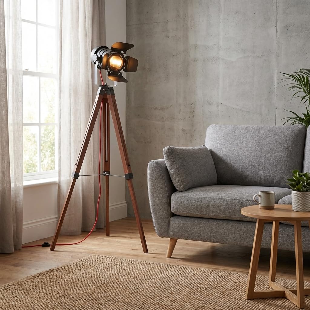 BARCELONA LED Lampe sur pied trépied noire et bois réglable, hauteur ajustable, lumière orientable, style moderne et vintage industriel, idéale pour salon, chambre, bureau, escalier, restaurant