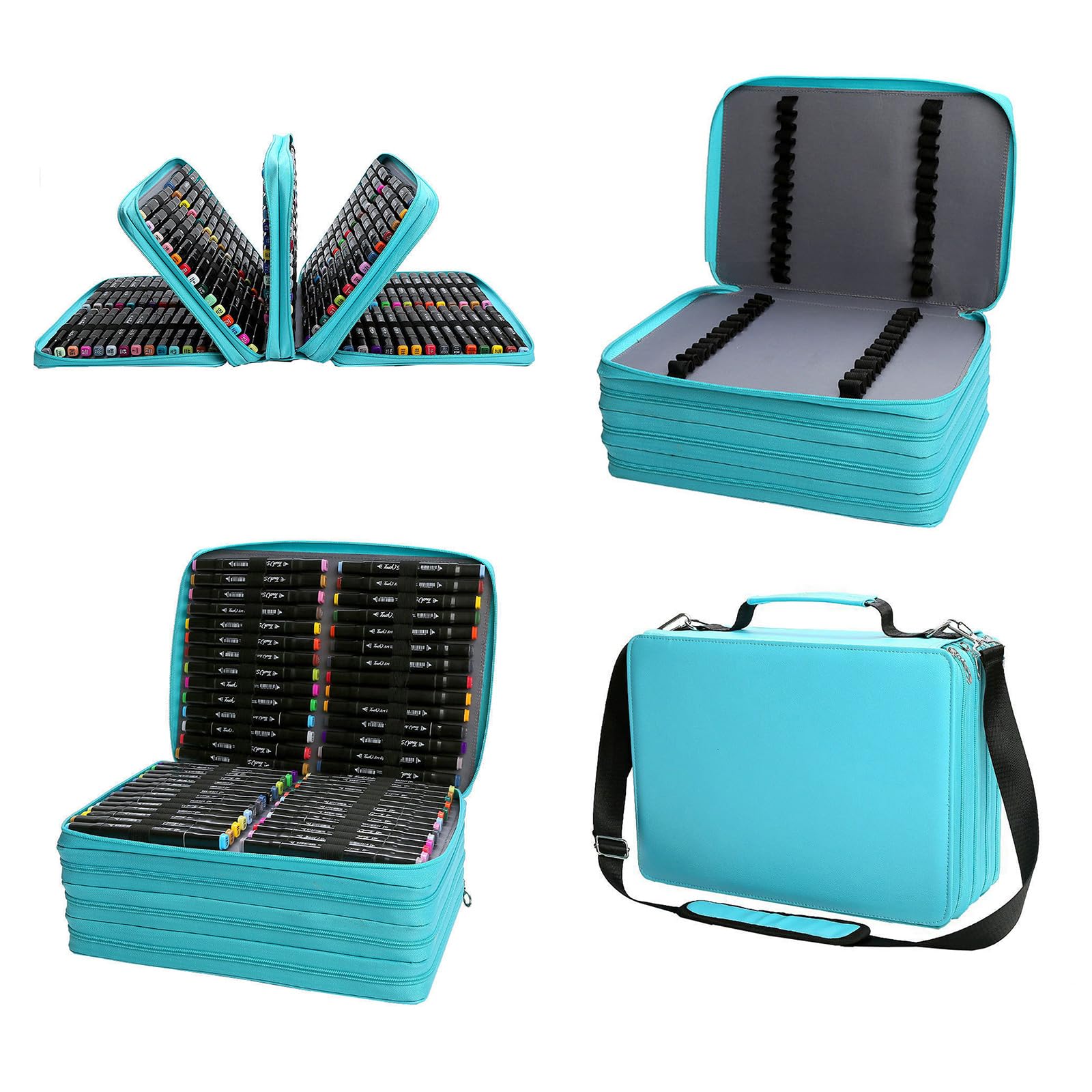 168/224 slot grande custodia in pelle per pennarelli con tracolla multistrato, borsa per il trasporto di penne organizer per penne resistenti, Verde, 168 holes