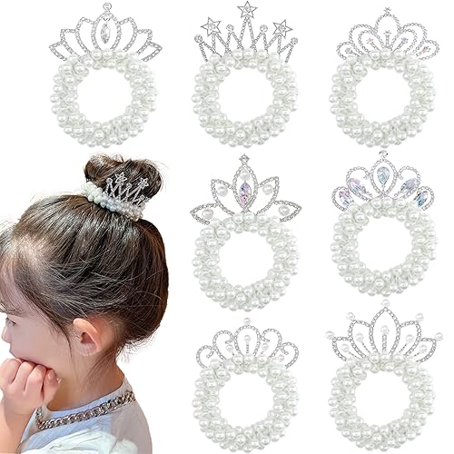 7 ligas para el cabello con corona de perlas, perlas blancas, bandas elásticas para el cabello con cuentas para coleta de caballo de princesa,