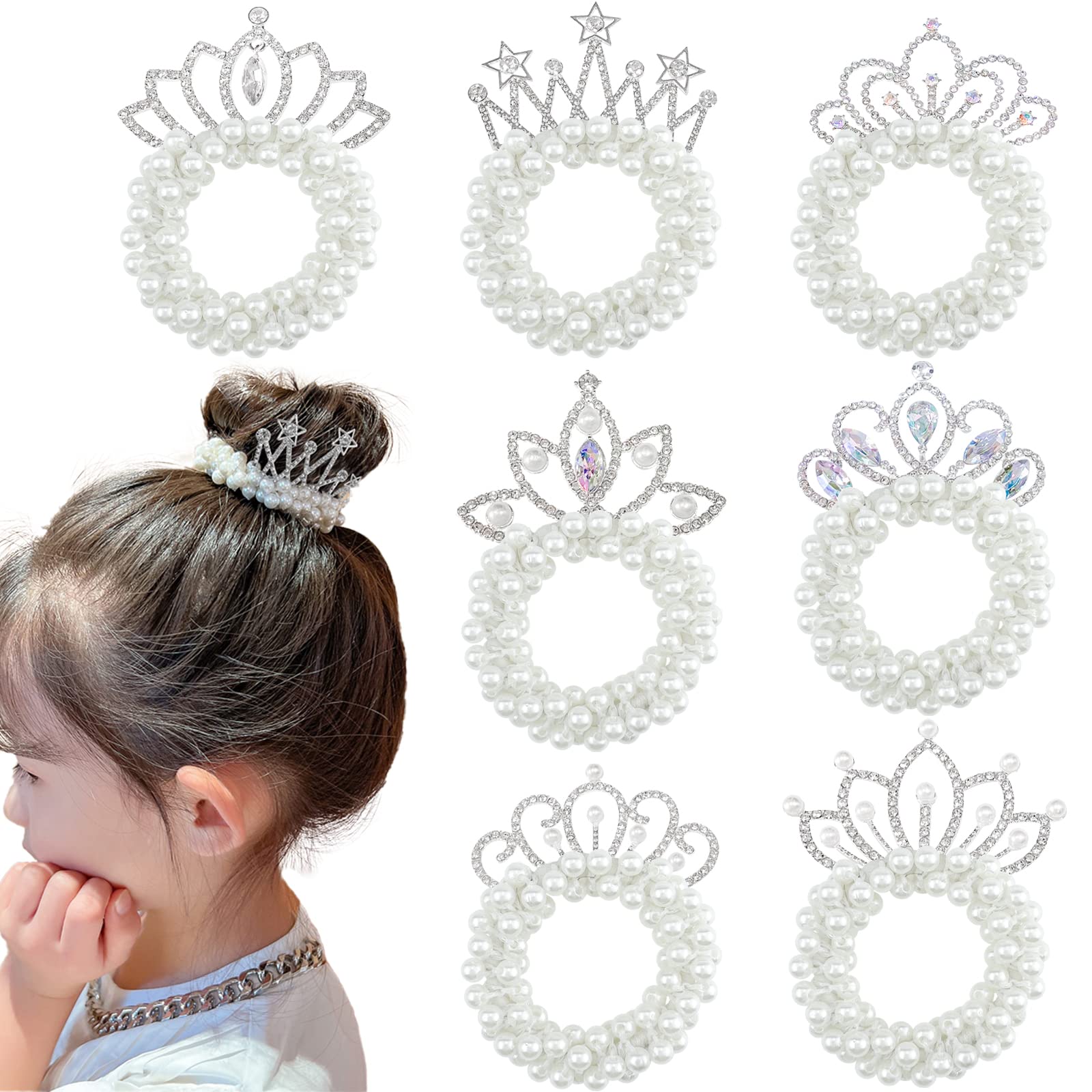 Beaded White Princess Tiara  - Elegant Hair Accessory Pearl Crown Hair Ties Set - 4 White Beaded Scrunchies for  main image 2