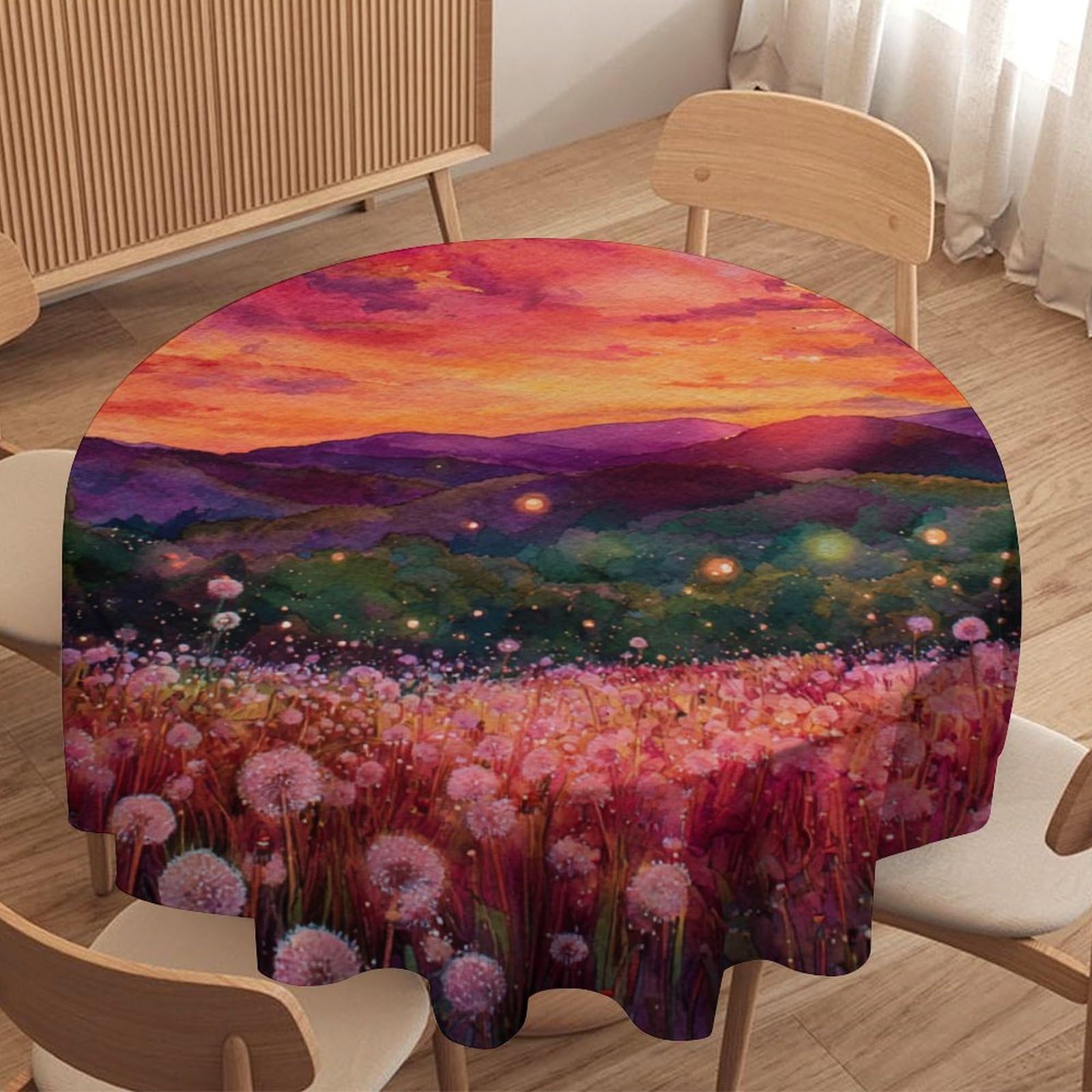 LUYYSKY Beautiful Classic Dandelions Waterproof Round Tablecloth Natural Realistic Sunset Landscape Plants Dandelions Flowers Print Washable Table Cover for Kitchen-91.4" Wx91.4 L cm
