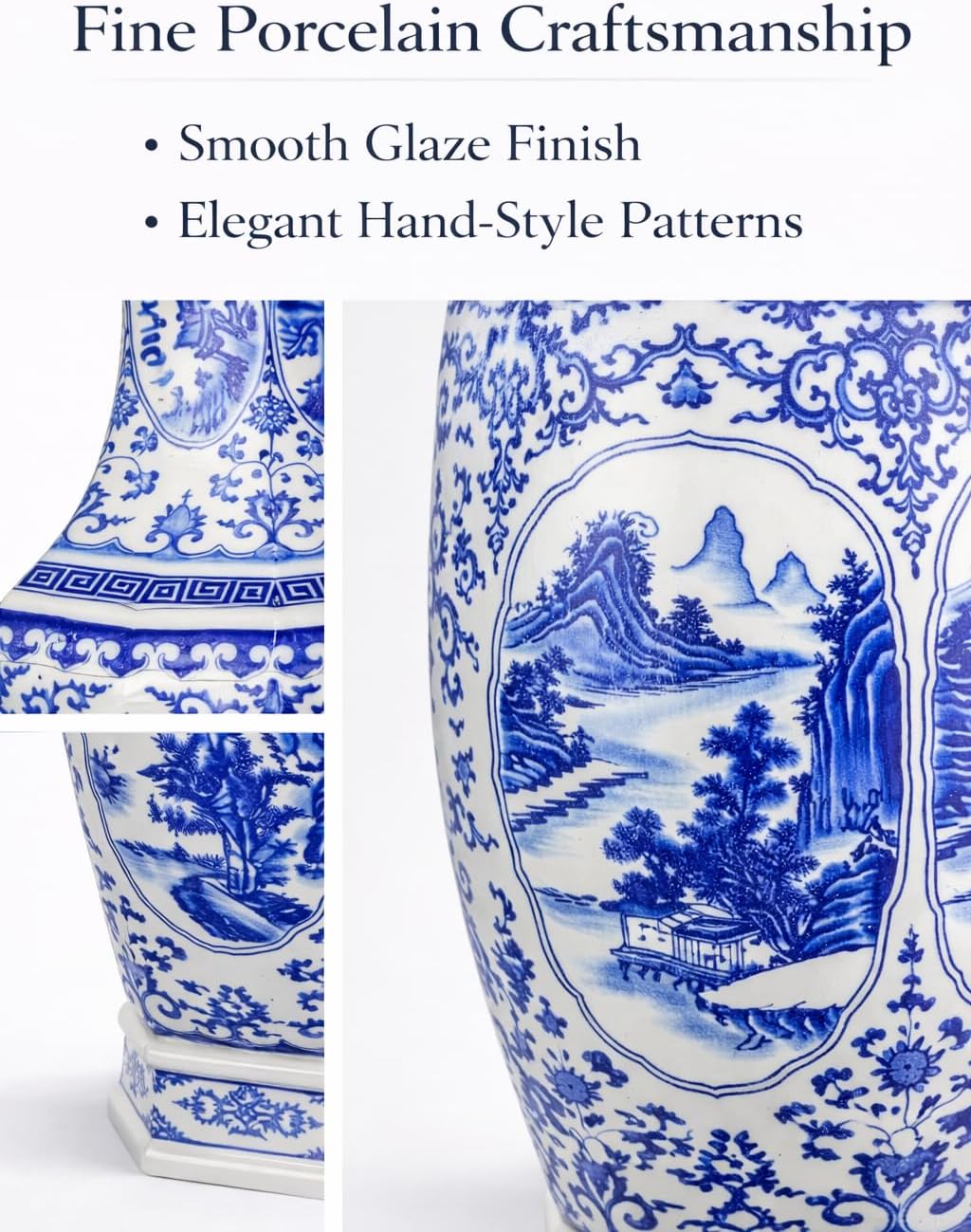 25" Classic Blue and White Hexagonal Lotus Porcelain Vase, Ceramic Vase Jingdezhen, China Qing Style （D9）