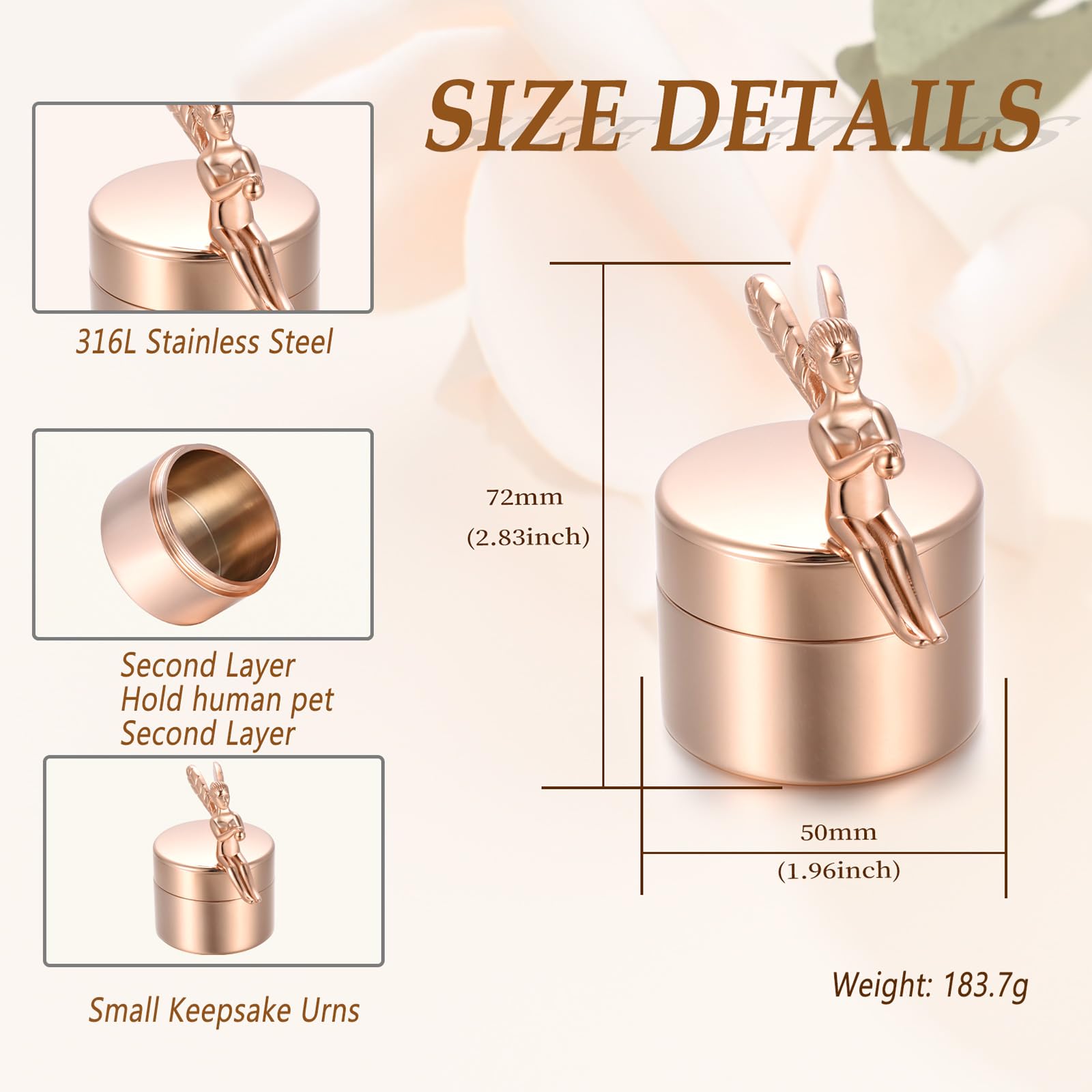 Minicremation Urna pequeña para cenizas humanas, hermosas urnas mini compartidas con exquisita caja de almacenamiento de cremación Keepsake Memorial y cenizas para seres queridos (G010-oro rosa)