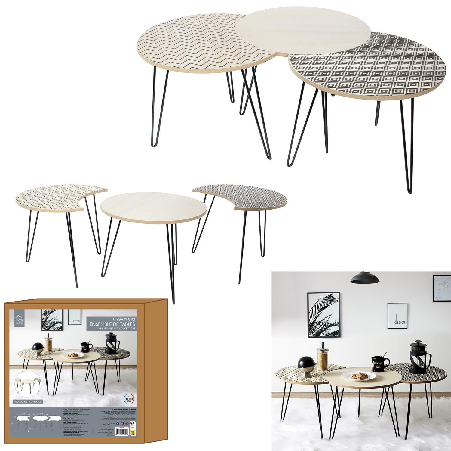 HOME DECO FACTORY HD3882 Set 3 MESAS AUXILIARES Puzzle, Polyester, Beige/Nero, 45 x 45 x 36 cm
