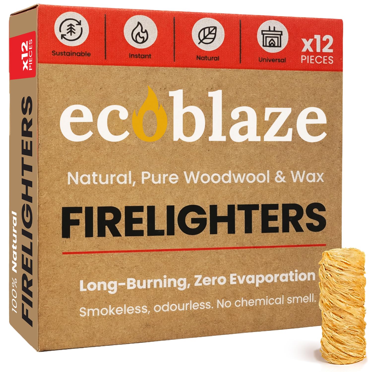 Ecoblaze 12 Natural Firelighters ​​- Fire Lighters for Wood & Log Burners - Wood Wool Fire starters for Braai & Pizza Oven Firestarters - Safe, Clean & Odourless Wax Coated Instant Firestarters