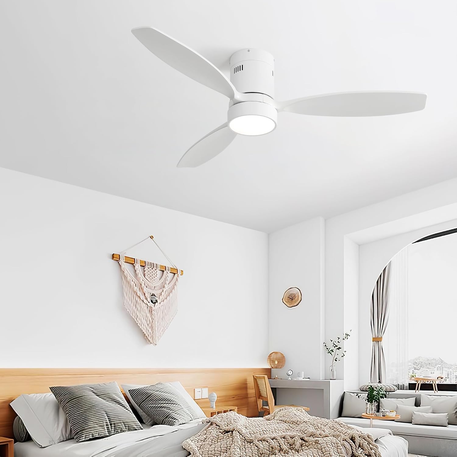 52 Inch Flush Mount Solid Wood Ceiling Fan with 6 Speed Remote Control Reversible DC Motor for Home