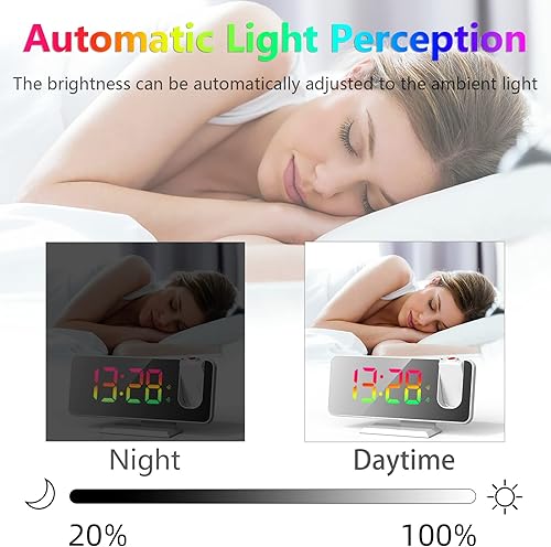 Miniatura 8 de Reloj despertador de proyección para techo de dormitorio, proyector giratorio de 180, espejo de 7.4 pulgadas, pantalla LED digital RGB de 1224