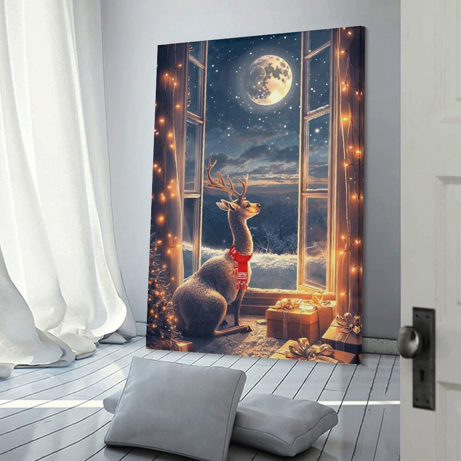 Junmoney Decorative Canvas Print Reindeer Chrismas Window, 20x30inch(50x75cm), for Home Office, Desk Area Or Studio, Home Office Artwork with Decorative Appeal