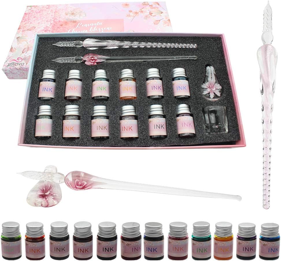XIAOYU Glass Dip Pen Ink Set, 16 Pieces Calligraphy Pens Set - 12 Colorful Inks, Pen Holder, Cleaning Cup, 2 Crystal Glass Pens for Writing, Signature - Pink