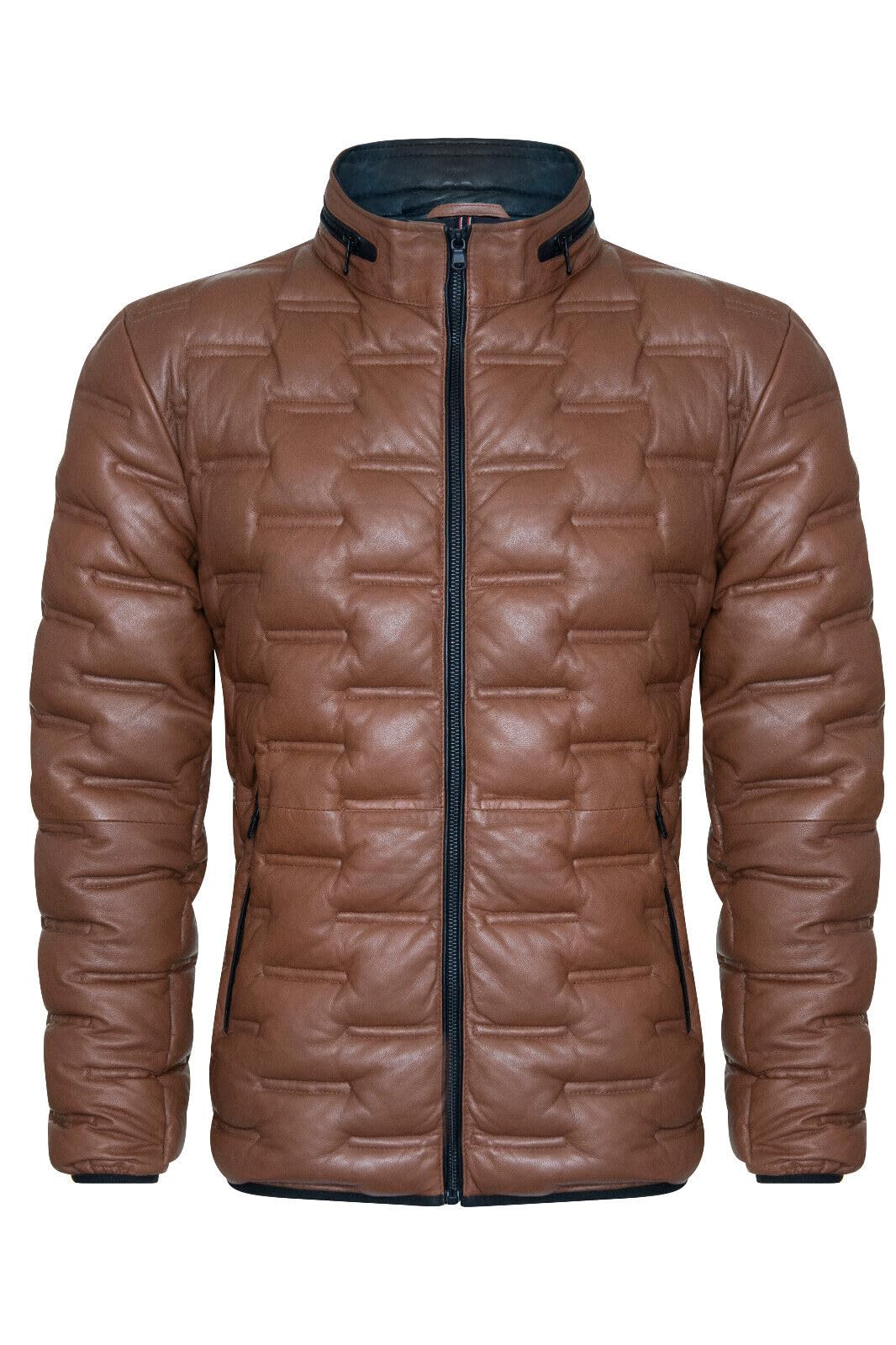 Infinity Leather Men's Puffer Quilted Bomber Leather Jacket - Recife - Tan - Uk 3XL | Eu 56 | Us 46