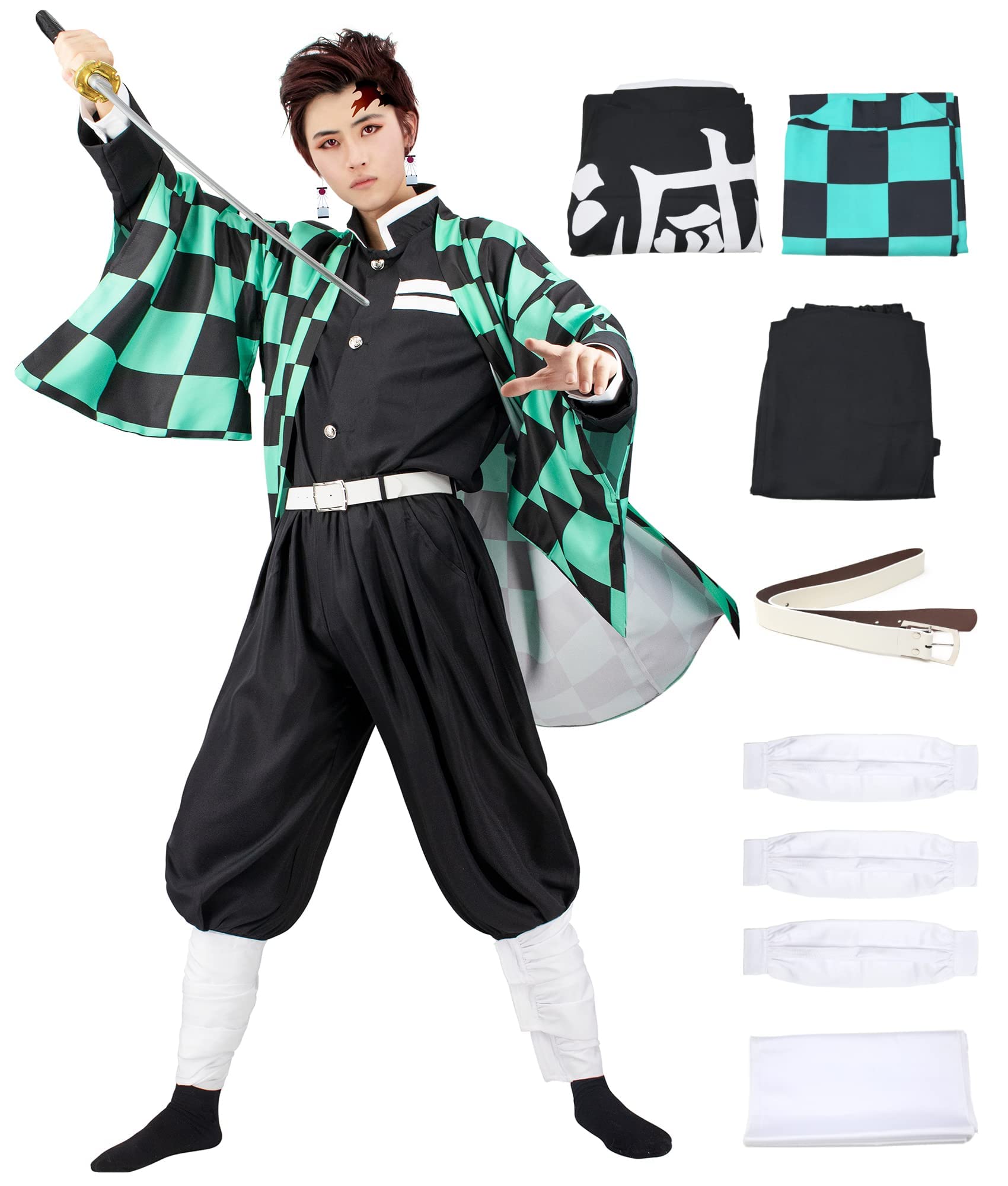 Tanjirou kostium Cosplay z kolczykami, 9 sztuk, Demon Slayer Tanjirou, cosplay, kimono, kurtka na Halloween, kostium anime, płaszcz dla dorosłych i dzieci
