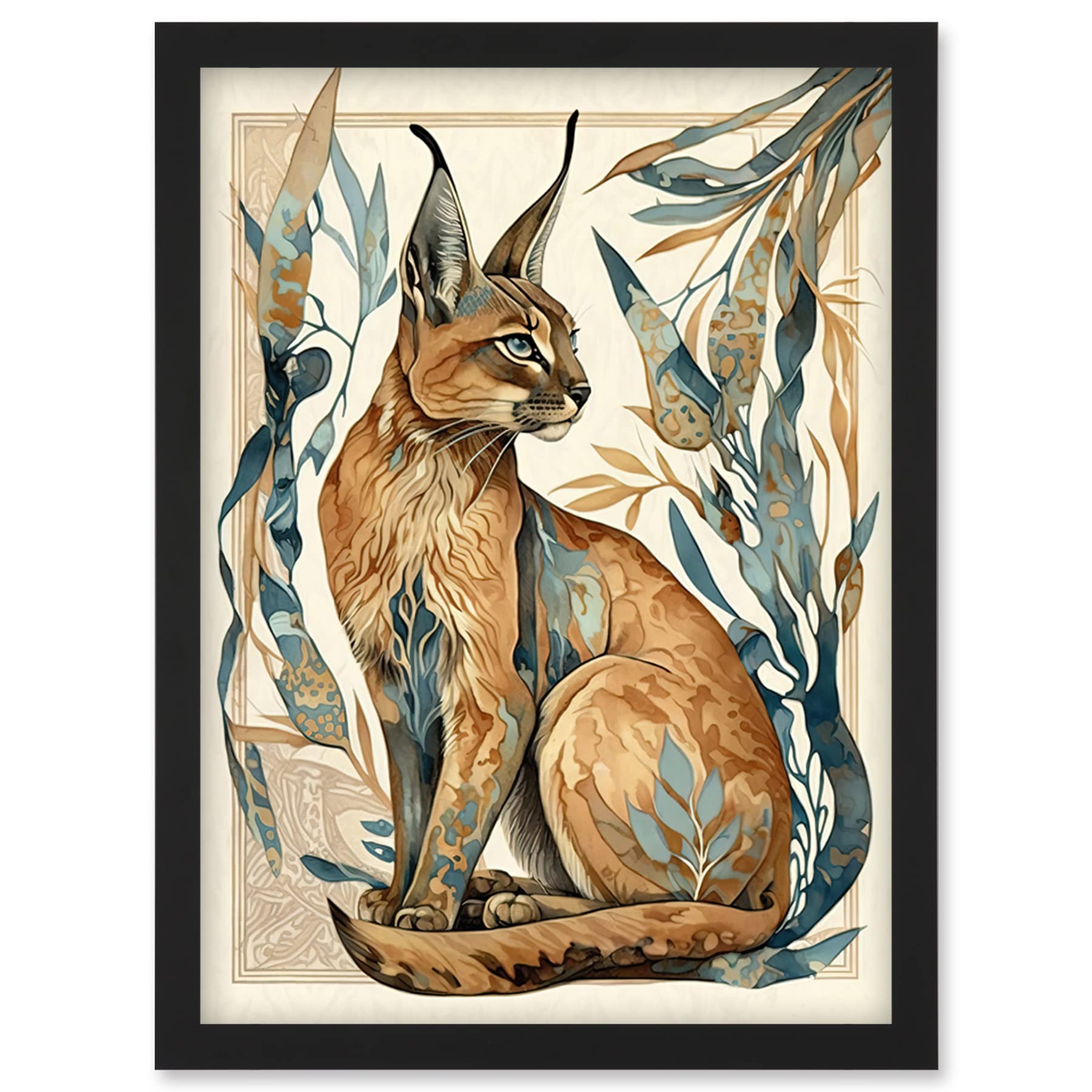 Artery8 Caracal Cat with Teal Plants Modern Art Nouveau Watercolour Illustration Artwork Framed Wall Art Print A4