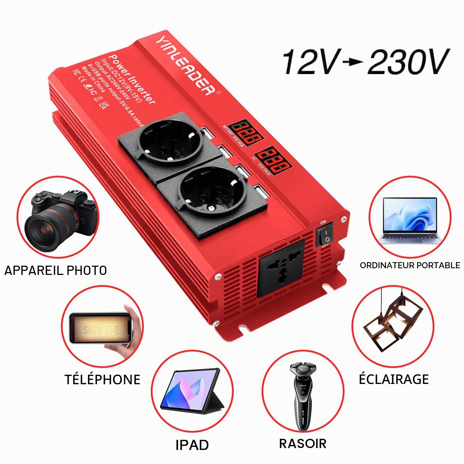 Convertisseur de tension 12 V 230 V 1000 W/2000 W Onduleur avec 2 prises et 4 voyants de tension LED USB