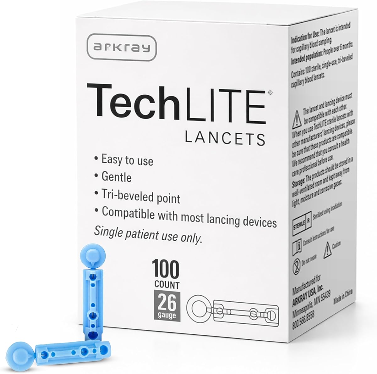 ARKRAY TechLITE Lancets 26 Gauge, 100 Count – Twist-Off Cap Lancets for Lancing Devices, Sterile Single-Use, Universal Fit for Most Standard Lancing Devices
