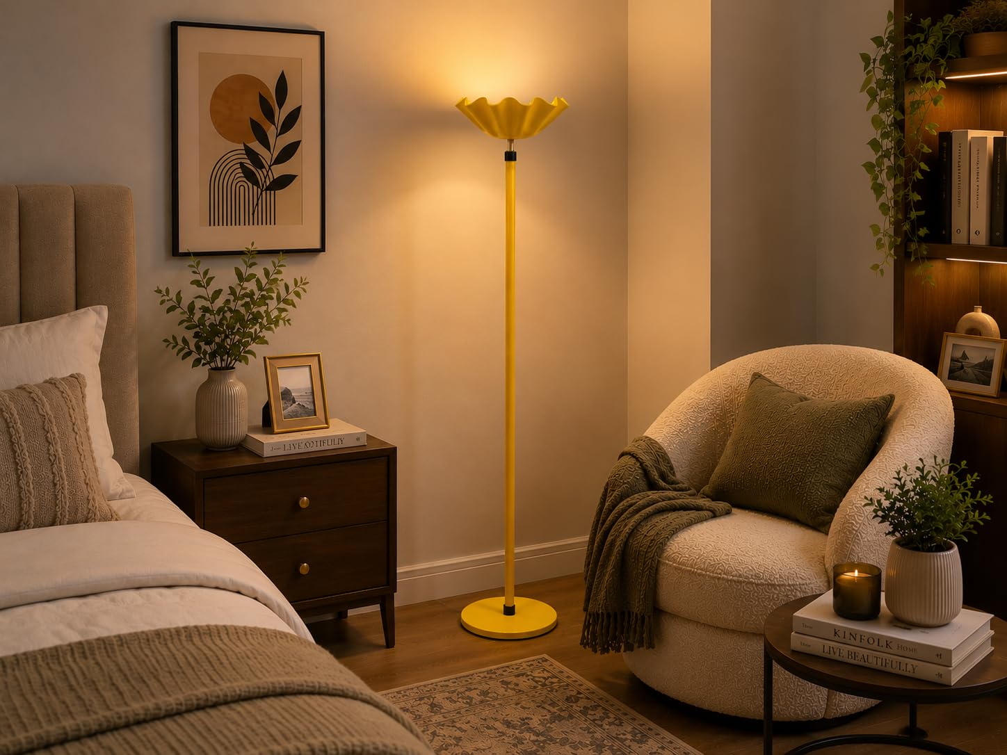 Mustard Yellow Flower Petal Torchiere Floor Lamp, Floral Style, Corded Electric, Shiny Finish, 130 cm Height-image-15