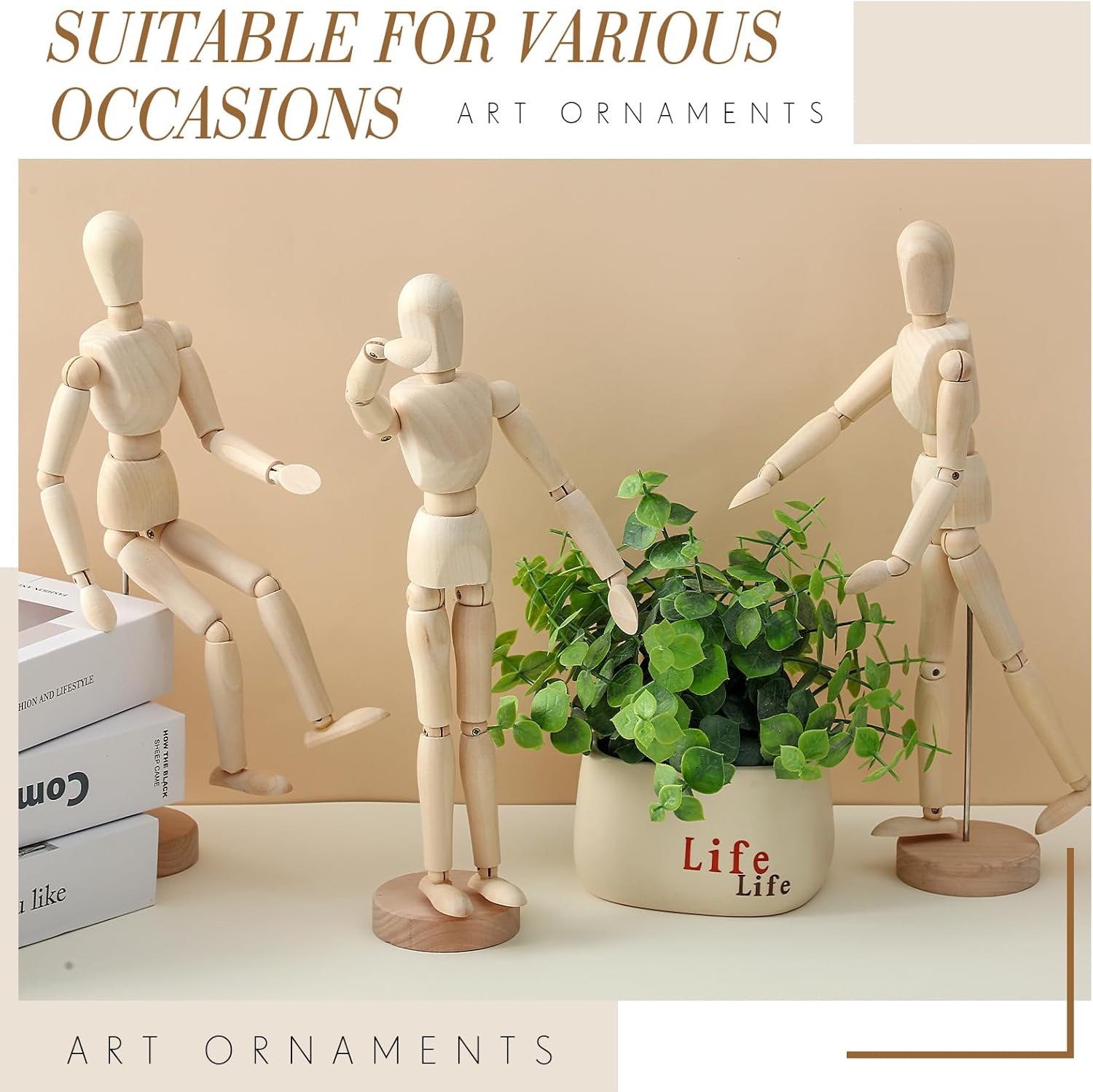 Hiboom 4 Pcs 12'' Artist Wooden Mannequin Manikin Set, Adjustable Poseable Human Body Model Drawing Figure with Base for Drawing, Sketching Painting Artists, Home Office and Desk Decoration Gift