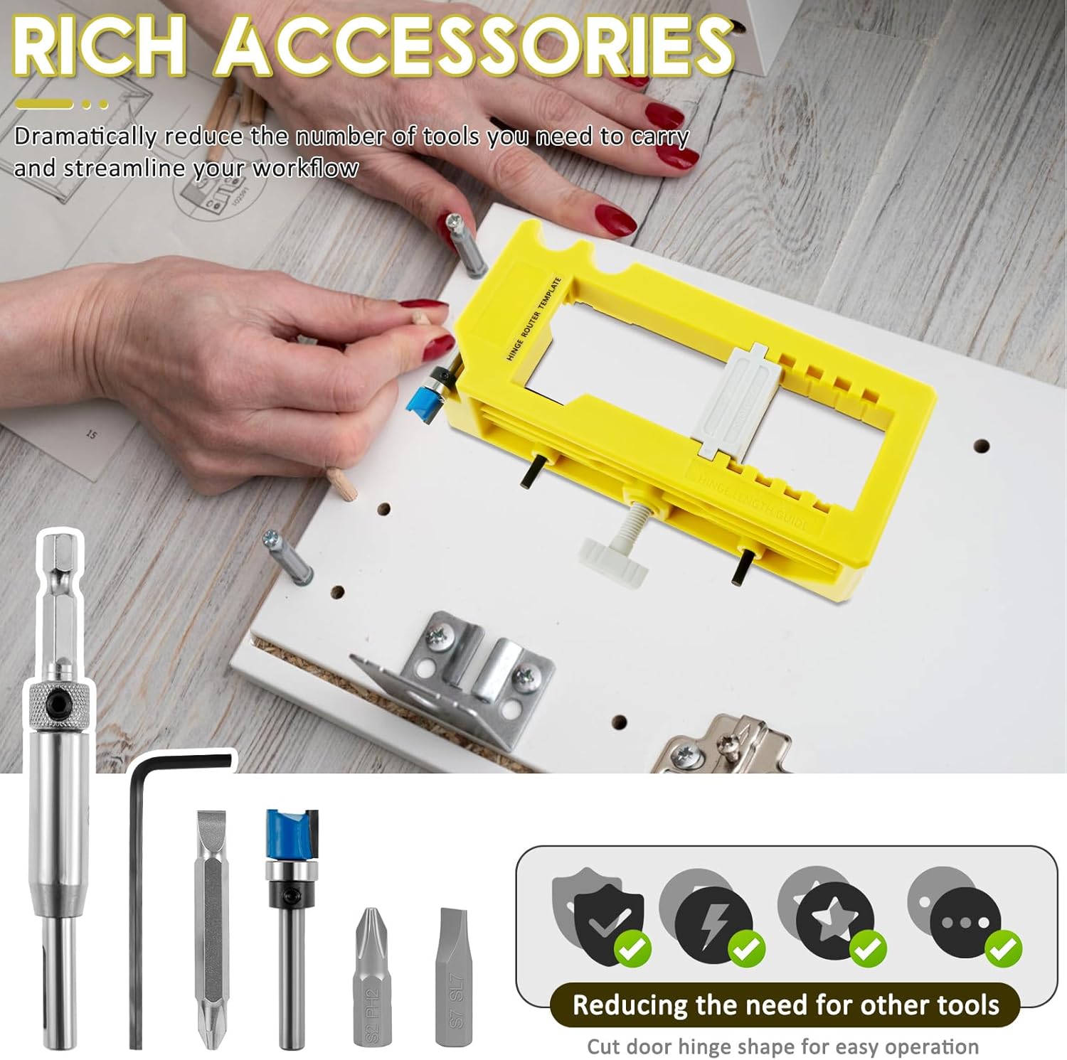 Door Hinge & Door Latch Installation Kit Hinge Mortiser Template for Accurate Chiseling and Scoring with Router Bit Wrench for Installation Woodworking Easy to Set Up and Use(Yellow)