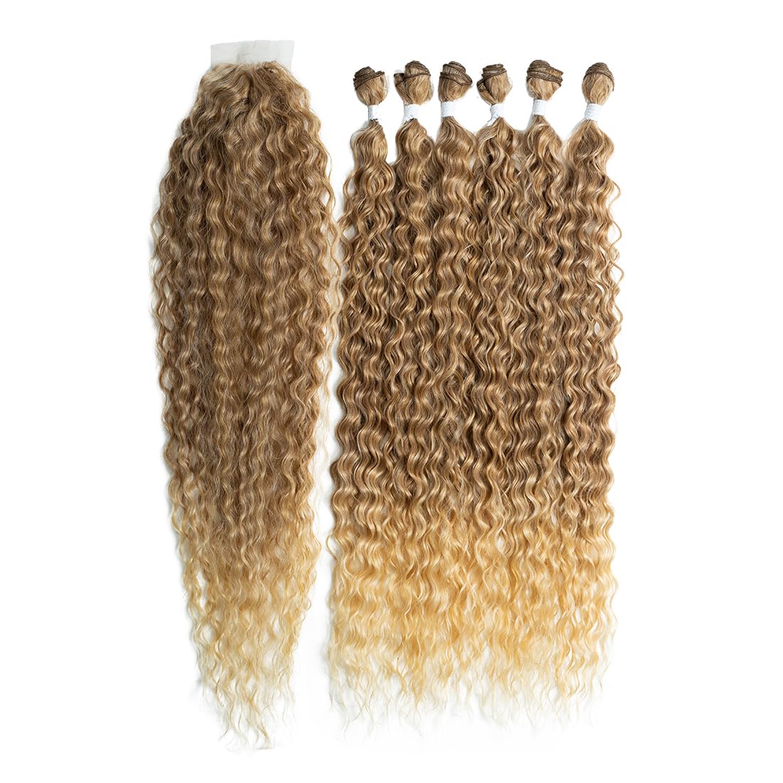 30 Zoll Kinky Wave Hair 6Bundles mit Spitzenverschluss 7Piece/Pack Ombre Brown Long Kinky Curly Hair Bundles Hitzebeständige Kunsthaar-Web-Extensions für Frauen (T12/22A # 30 Zoll 7 Stück)