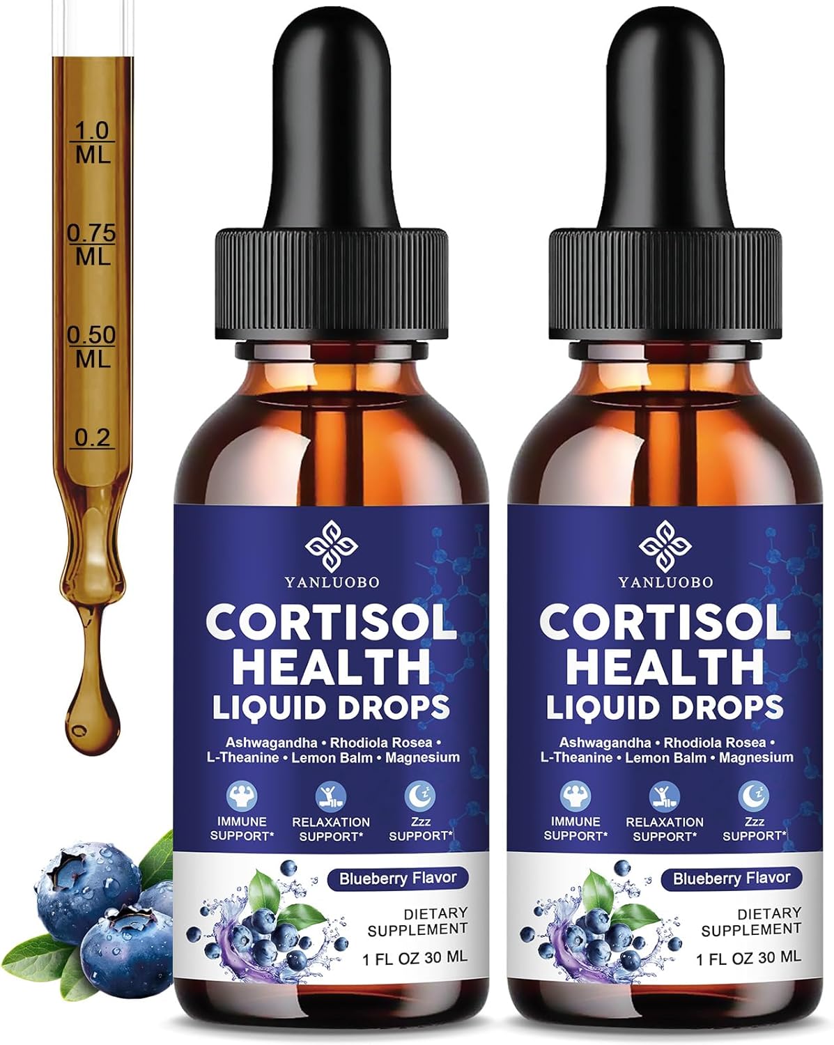 Cortisol Supplements for Women - Cortisol Manager Liquid Drops with Magnesium, Ashwagandha & Rhodiola rosea, L-theanine - Promotes Relaxation & Better Sleep, Mood, Blueberry Flavors, 1FL.OZ(2PC)