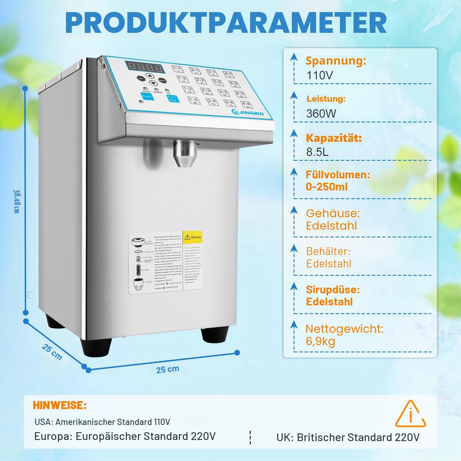 Automatischer Fruktosespender Sirupspender 8.5L for Bubble Tea Fruktose Quantitative Maschine Edelstahlfass + Fruktoseauslass 16 Gruppen 220V