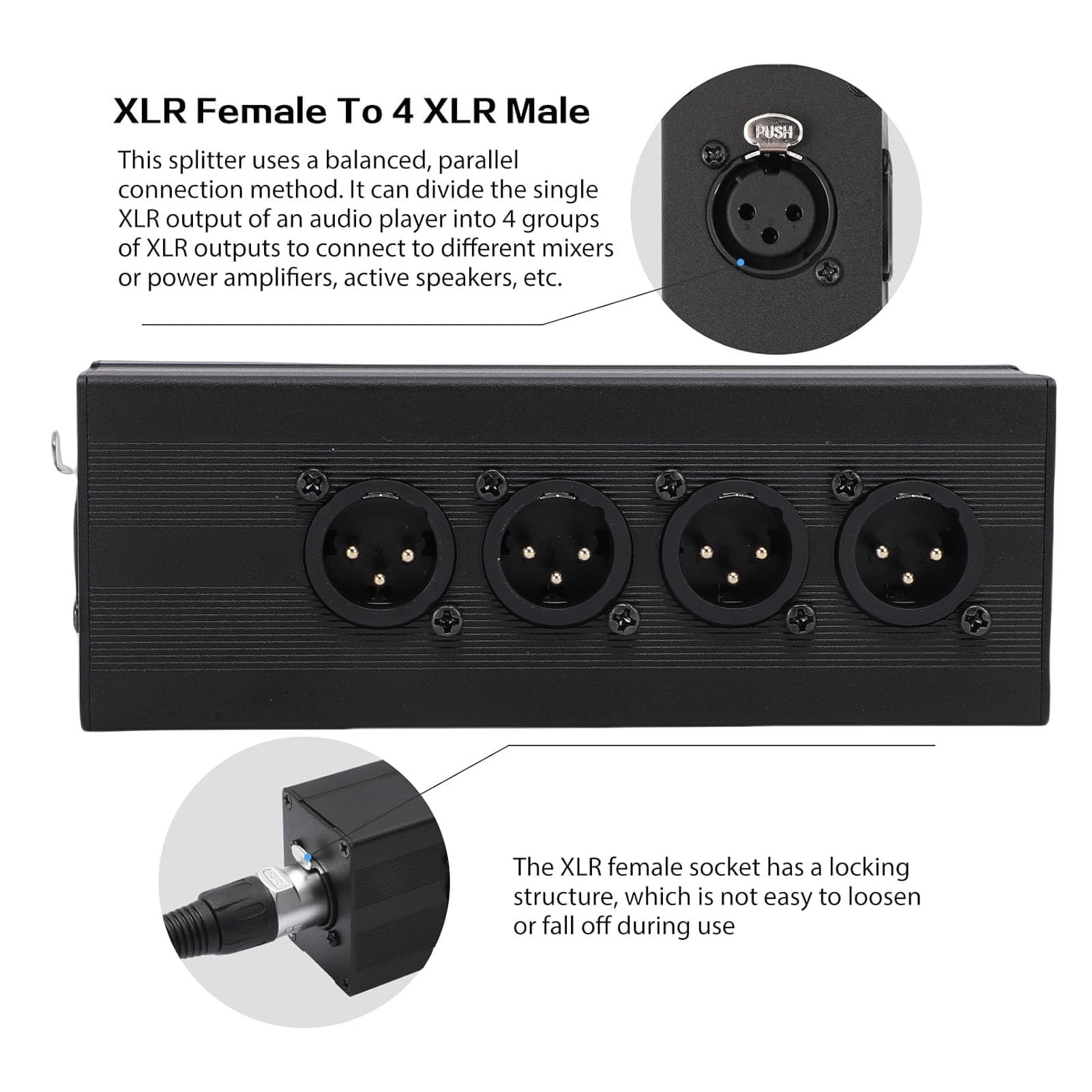 Boîtier Répartiteur XLR, Distributeur de Signal équilibré 1x4 XLR Femelle vers Mâle, Boîtier en Alliage D'aluminium et Contacts Plaqués or, pour Système de Sonorisation de