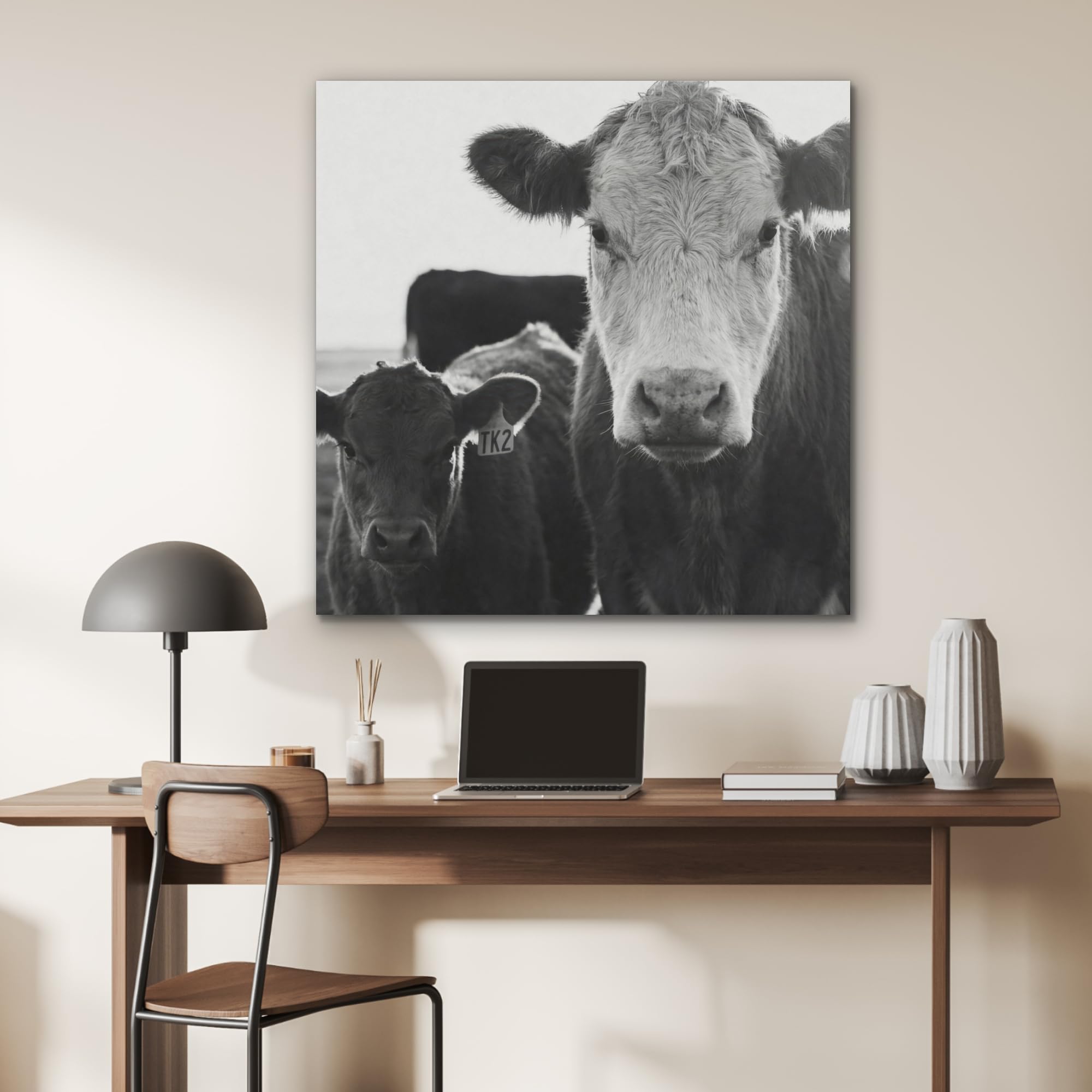 MuchoWow© Creazione Parete 90x90 cm Feltro Moderno Soggiorno Stanza Letto Quadro Cornice Salotto Mucche - Bianco e nero