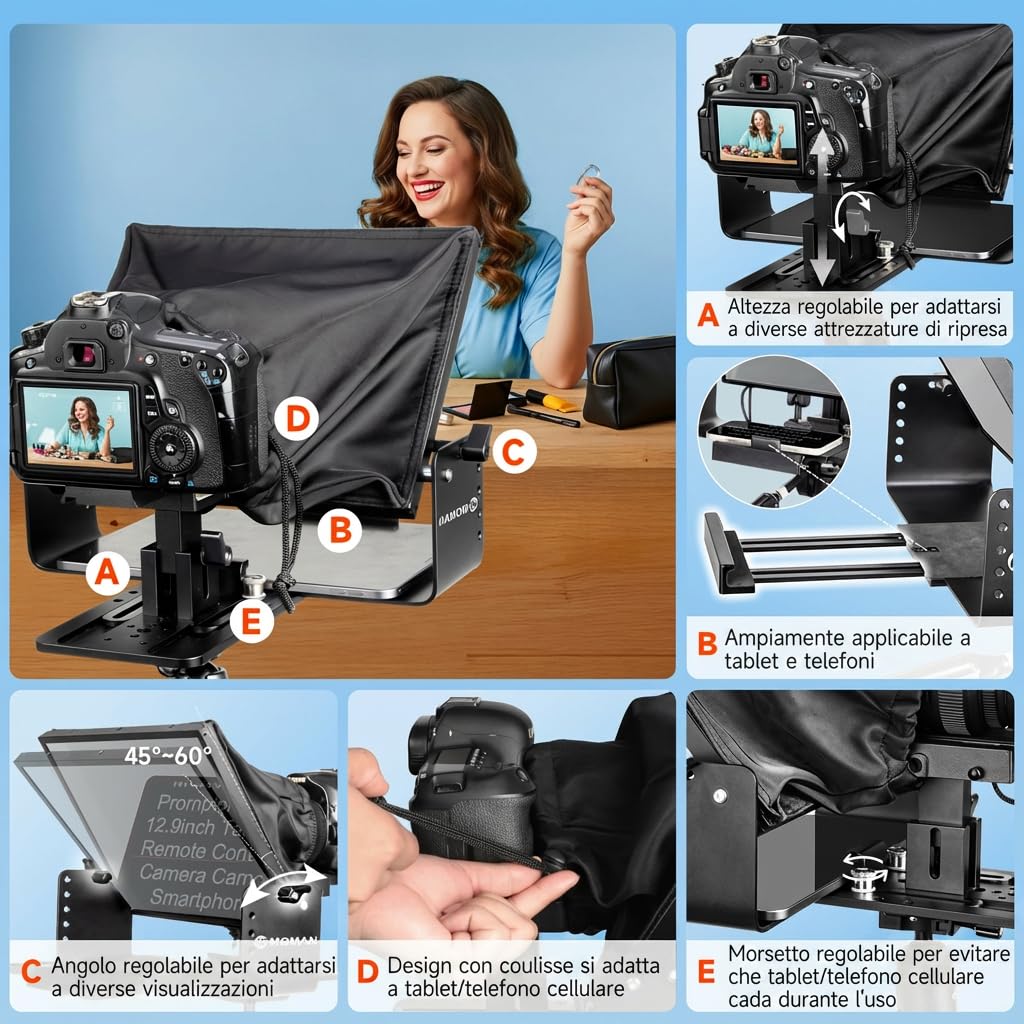 Moman MT12 Teleprompter 12.9 Pollici, Prompter Portatile con Telecomando APP e Controllo Remoto, Compatibile con iPad, iPhone, Tablet, Smartphone, Fotocamera DSLR (Supporto Metallico Regolabile)