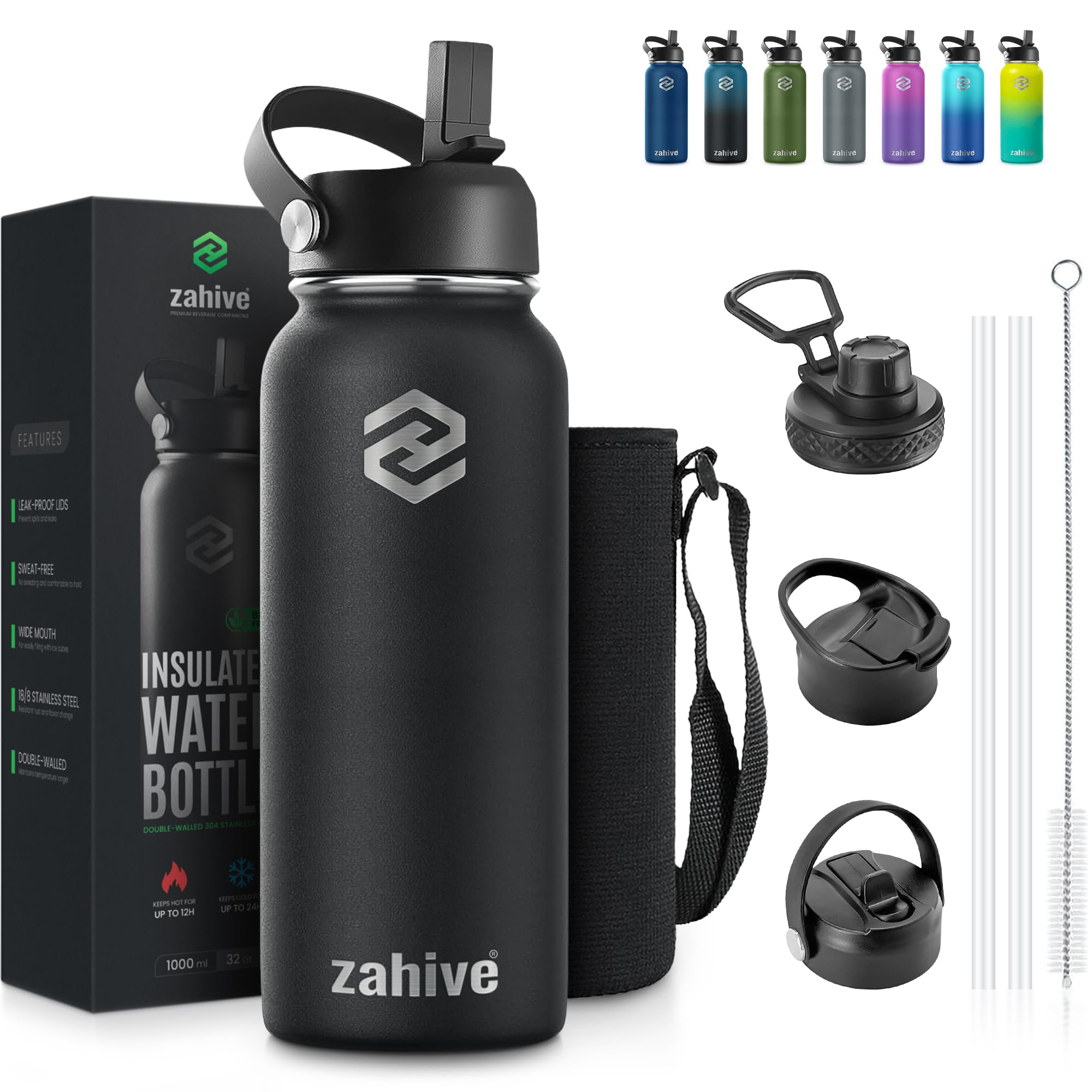 Stainless Steel Water Bottle 1l with 3 Lids & Bag - Insulated Water Bottle with Straw - 1000ml Double Wall Thermos Flask for Travel Hot & Cold Drinks, Sports, Gym, Leak Proof (32oz, Black)