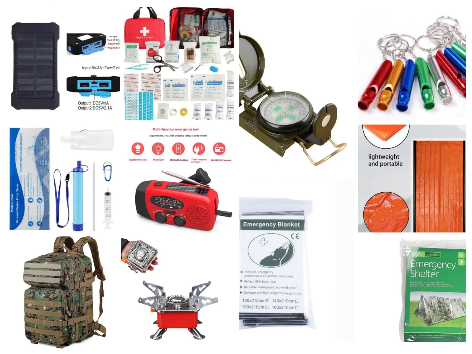 Kit Supervivencia Especial apagon Completo! Mochila potabilizador Camping Gas Radio a manivela Linterna etc
