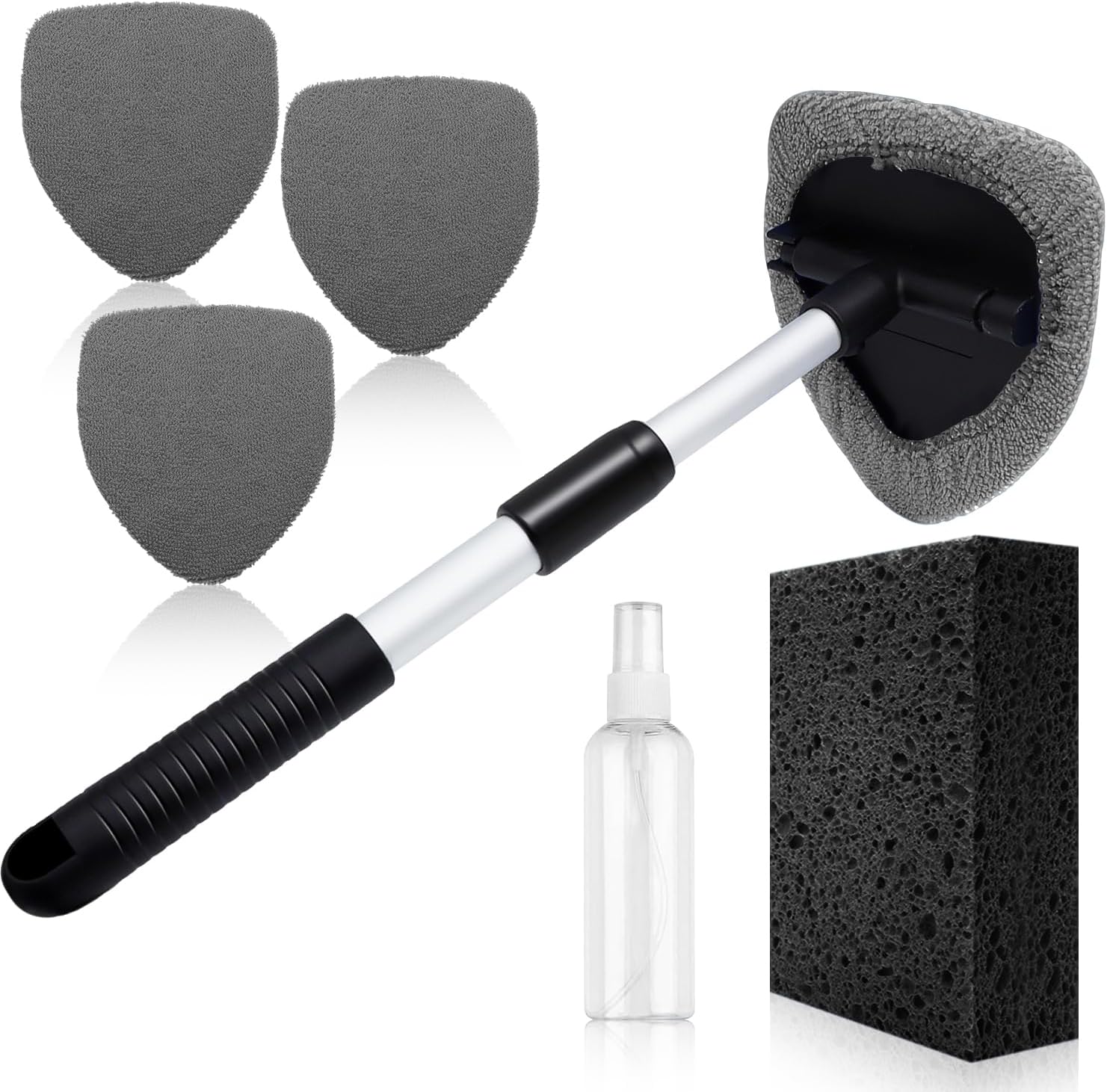 Windshield Cleaner Tool 22.5" L - Car Interior&Exterior Window Cleaning Kit with Extendable Handle&4 Microfiber Pads and Thick Large Wash Sponge, Auto Glass Wiper Brush Kit for Cars Home (7pcs Grey)