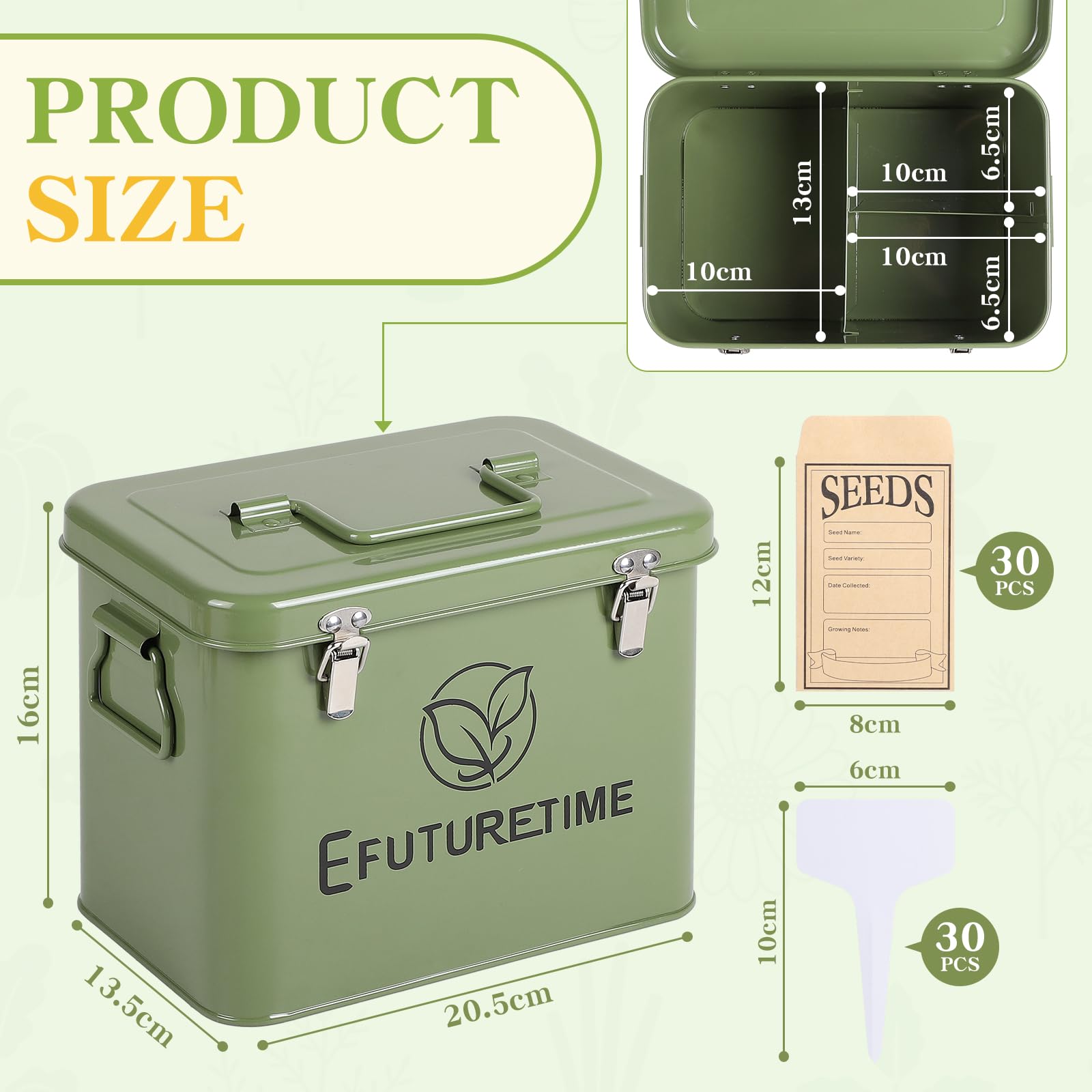 efuturetime Caja de Metal para Almacenamiento de Semillas 20,5×13,5×16cm, Organizador de Semillas de Jardín con 3 Compartimentos, Almacenamiento Semillas Flores Verduras Regalo Jardineros, Verde