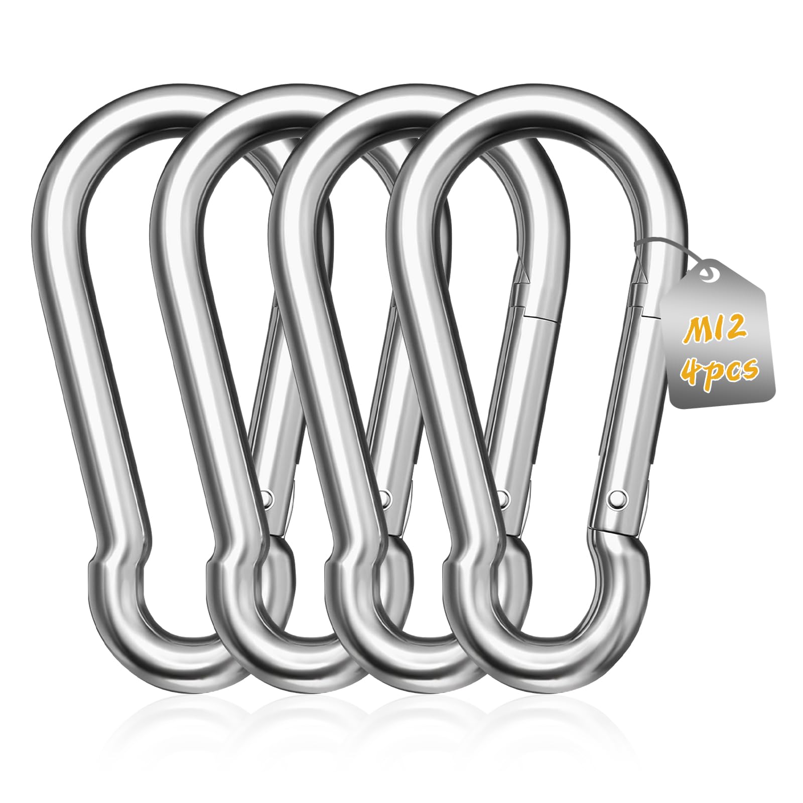 LALAGO Juego de 4 Mosquetones M12-140mm x φ12mm - Mosquetones con Cierre a presión - Carga de hasta 550 kg - Cierre con Resorte con Gancho - Gancho de Resorte para Hamaca, Saco de Boxeo, etc.